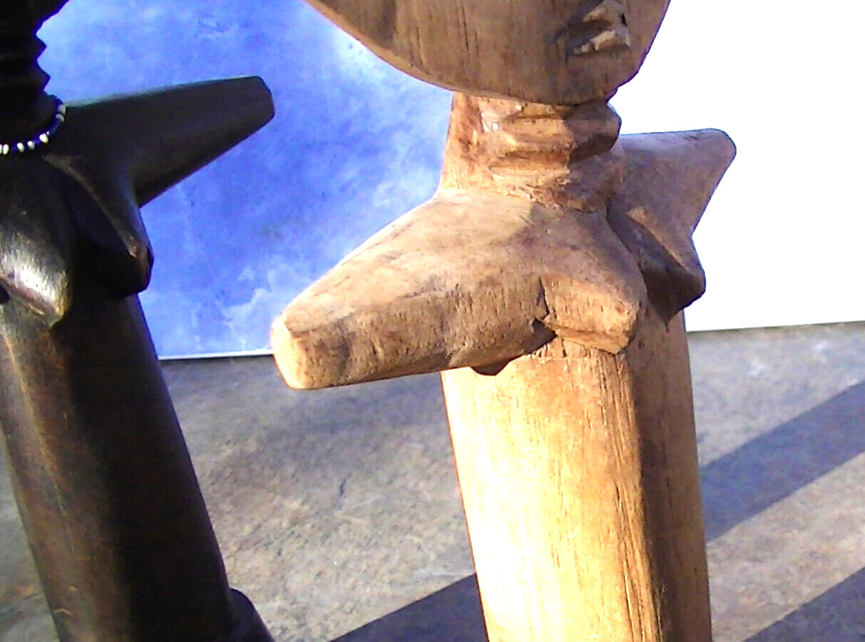 Rare 2 Unusual Primative Carvings bare breasted female figures origin Unknown
