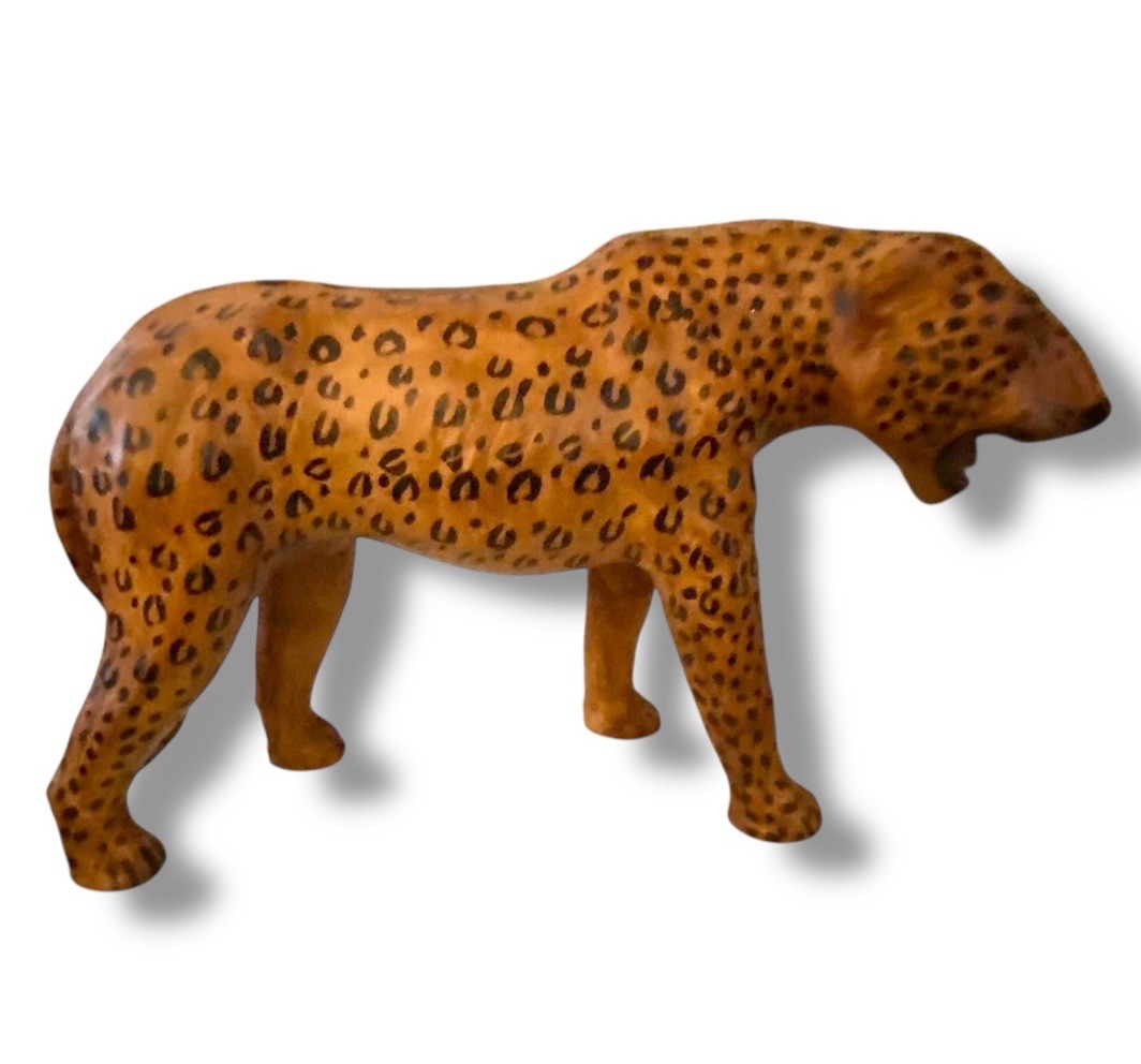 Vintage Leather Wrapped Leopard Cheetah Cat Glass Eyes 16”L x 10” Shelf Style