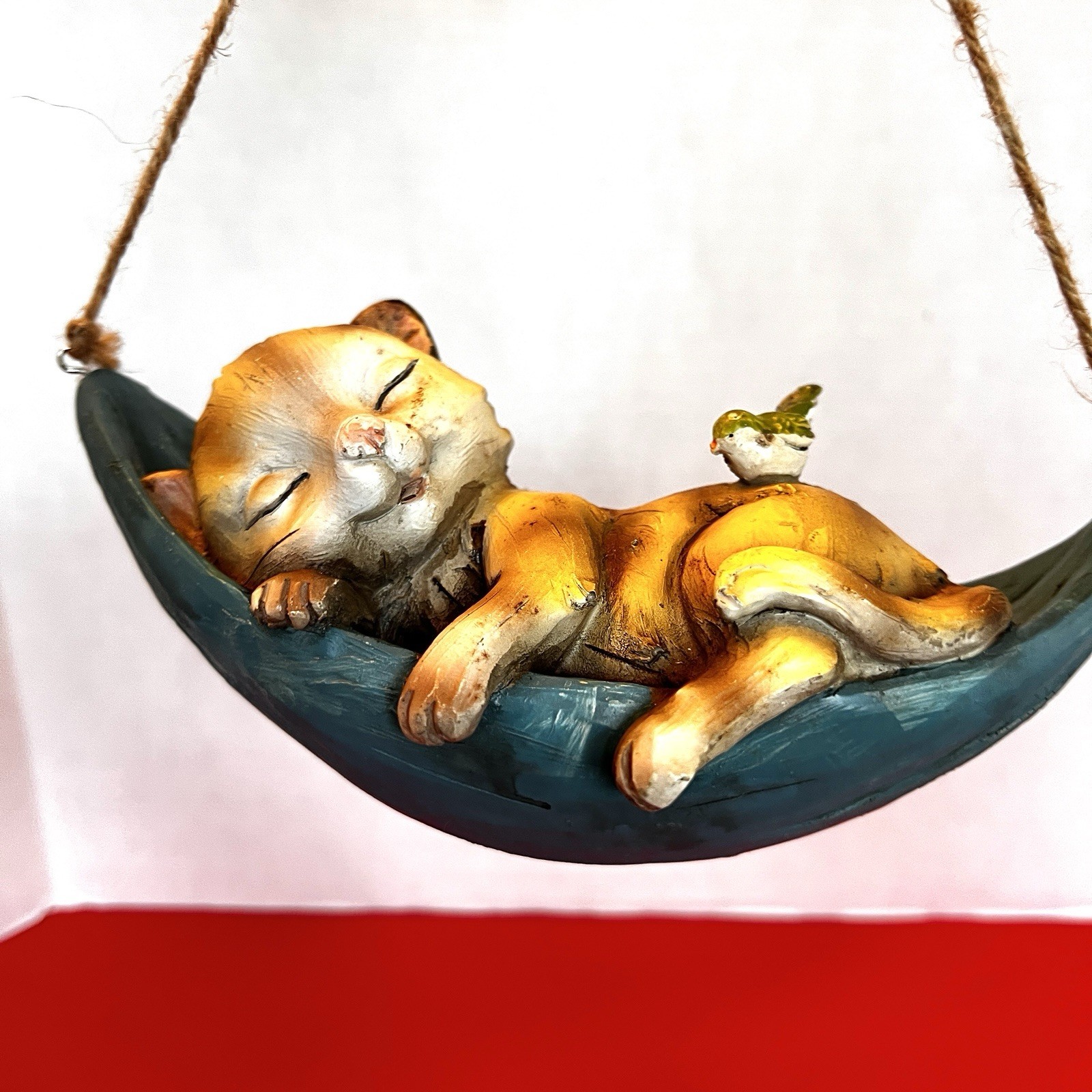 Sleeping Kitten Cat In Leaf Hammock Hanging Figurine 8” With Bird