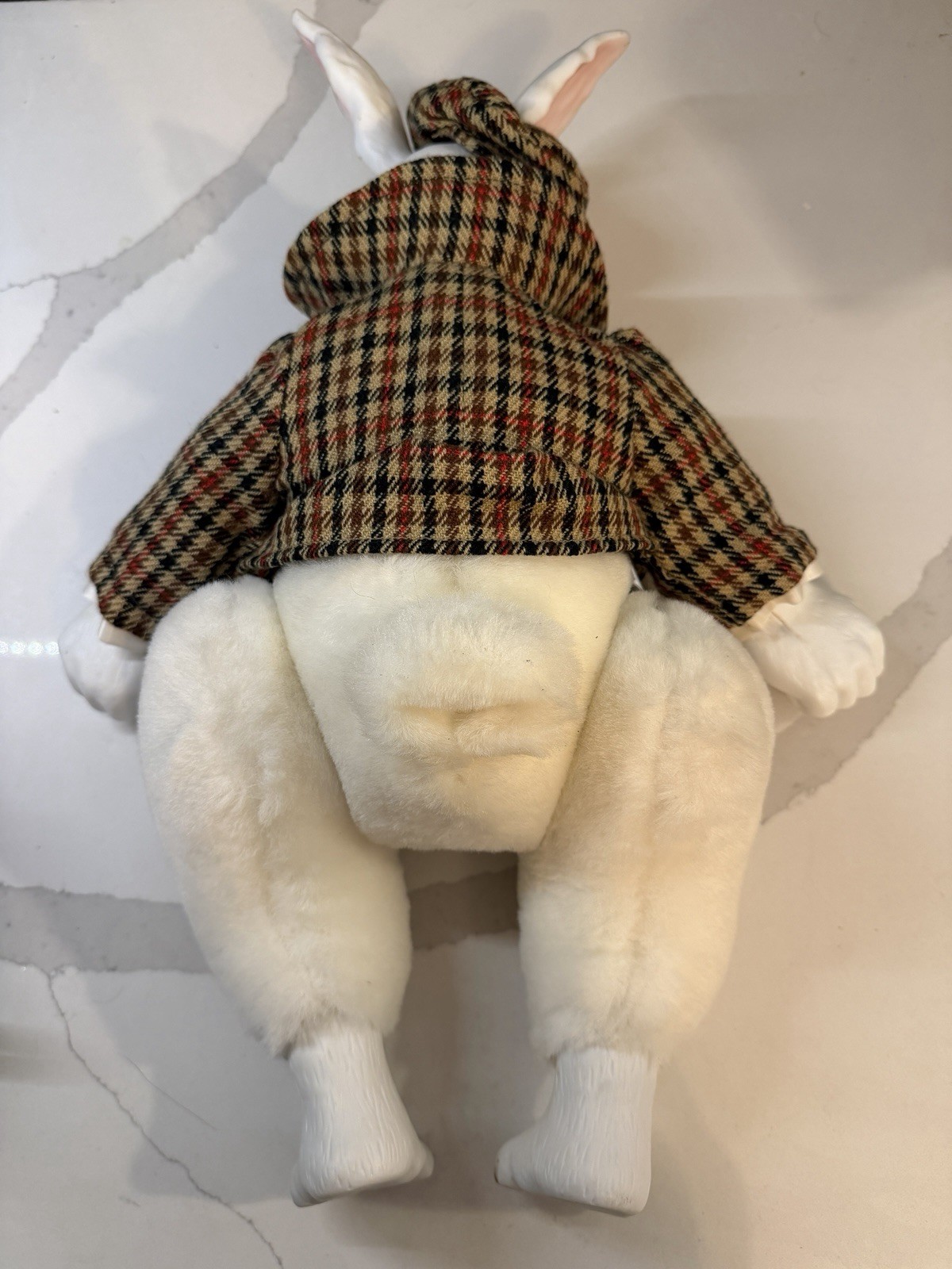 Vintage ANCO White Rabbit Porcelain Plush Doll 18″ Gentleman Plaid Seated MINT