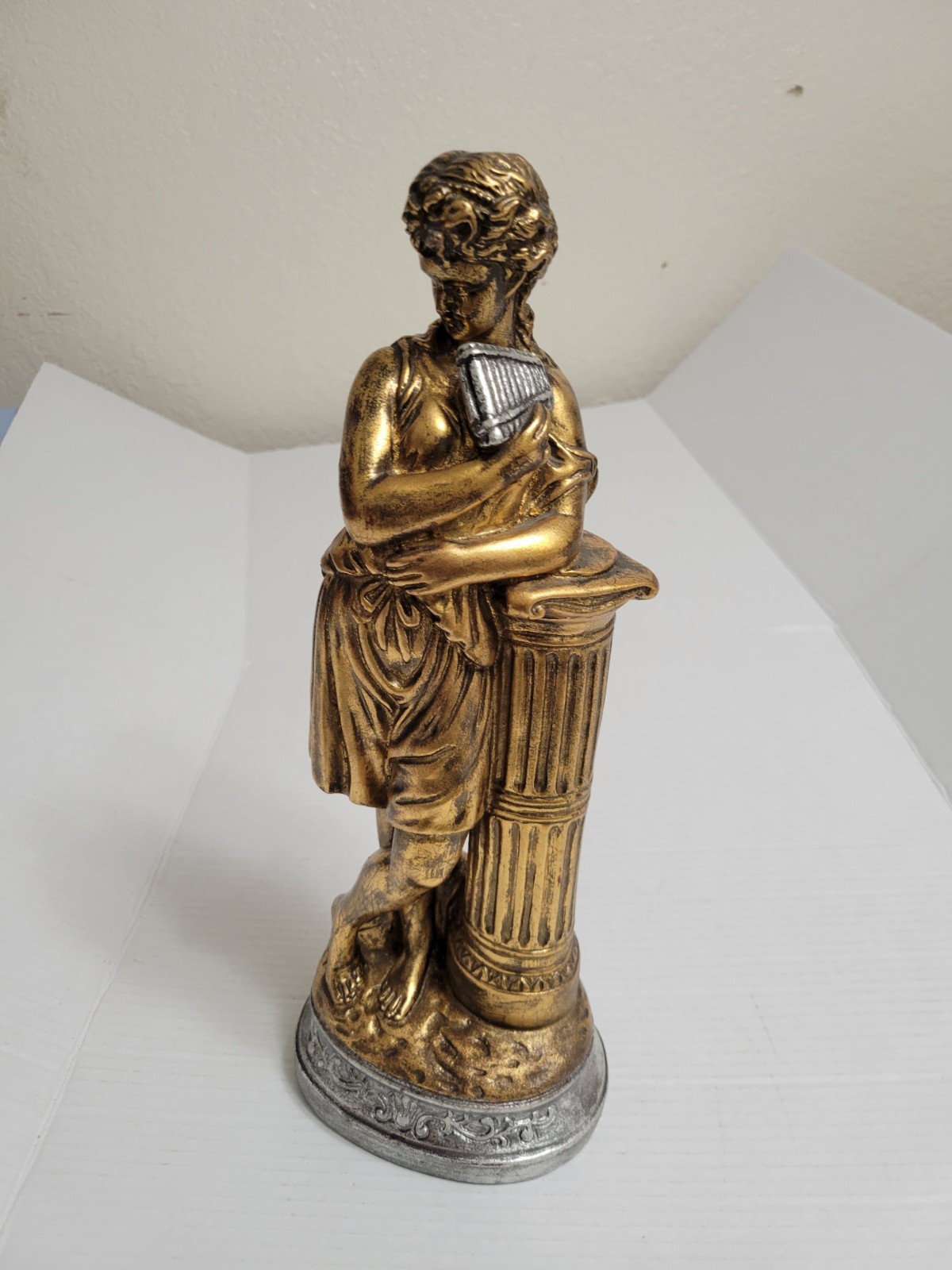 vintage jaru Gold/Silver Woman Figurine Leaning on Column Antique Finish