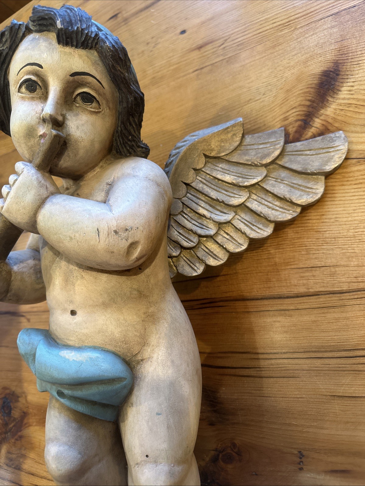 Antique Hand Carved Painted Wood Large Angelic Cherub Putti Sculpture 18″
