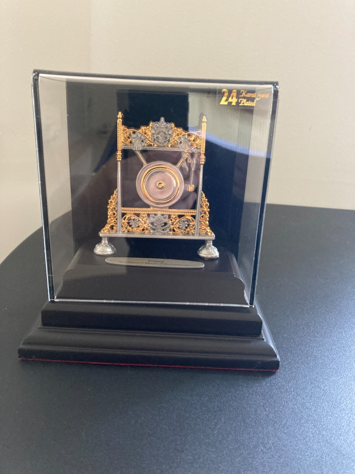 KL Pewter Gong Miniature 24K Gold Plated Malaysia Musical Instrument Display