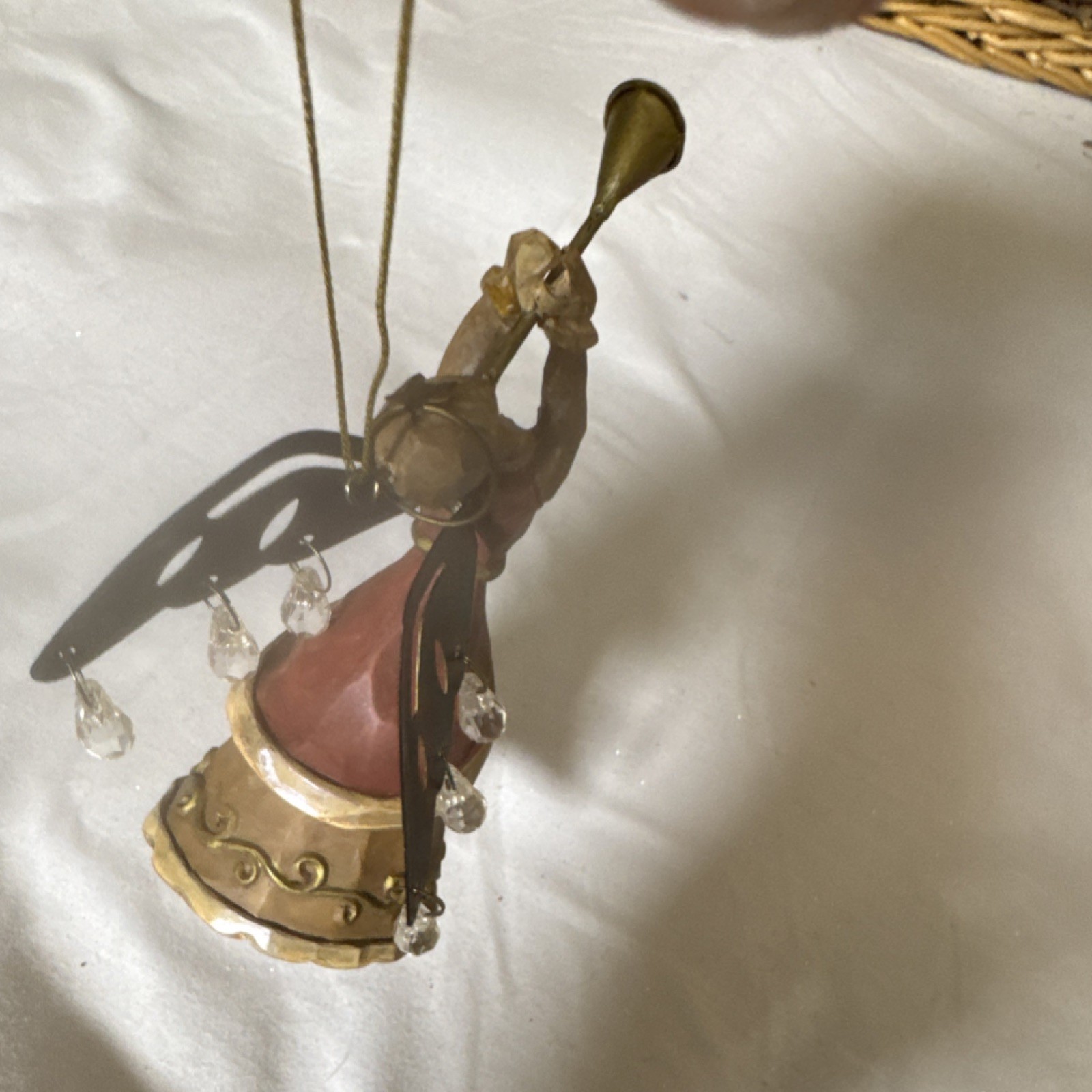 Antique Gold Red Brown Hanging Angel Trumpet Figurine Metal Plastic 7 Inch Decor