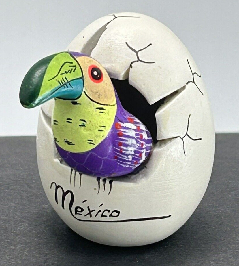 Vintage Ceramic Mexican Folk Art Sculpure Toucan Emerging From Egg Nice Detail
