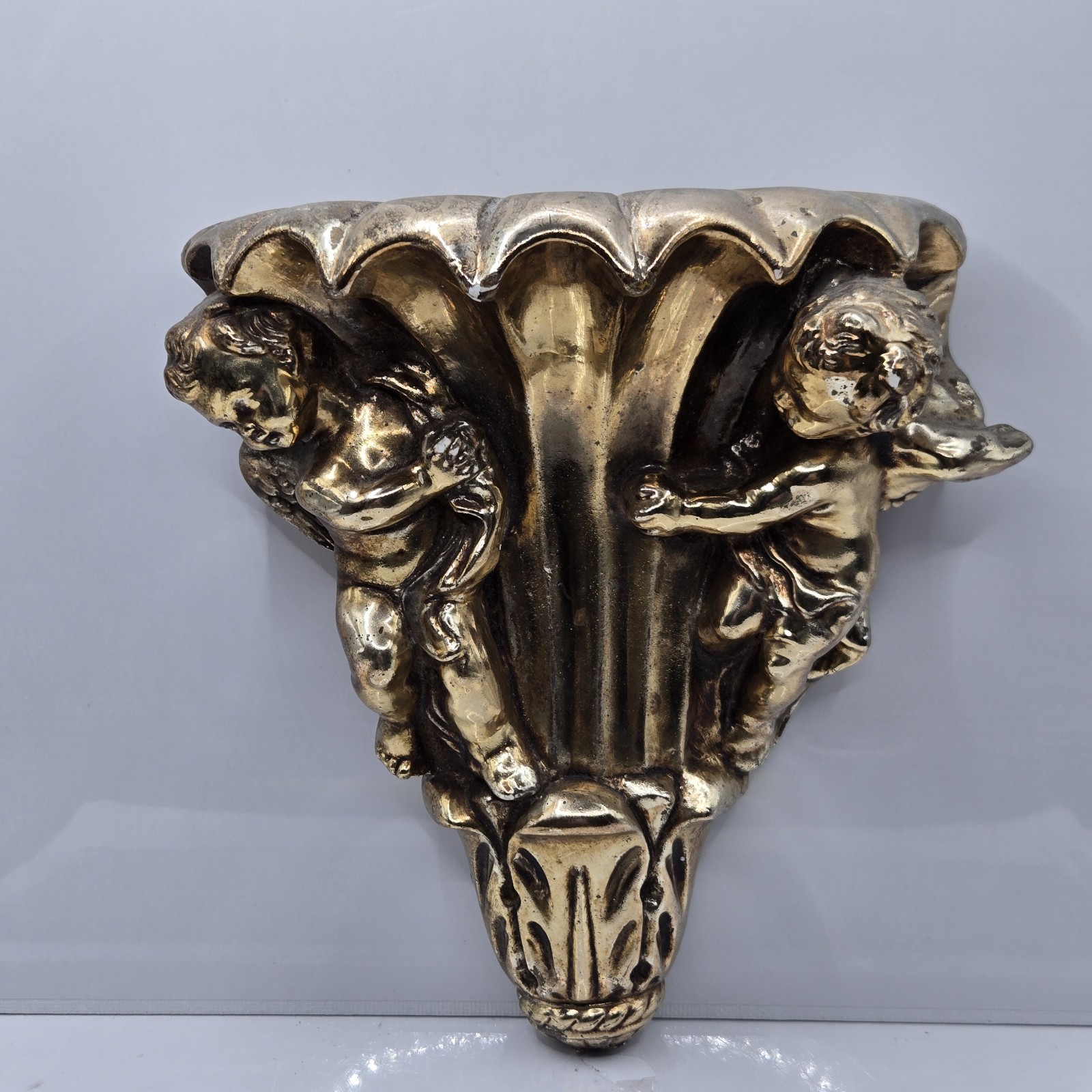 Vtg Antique Gold Cherub Wall Sconce W/Faux Flowers Frog Chalkware Angels 8″H