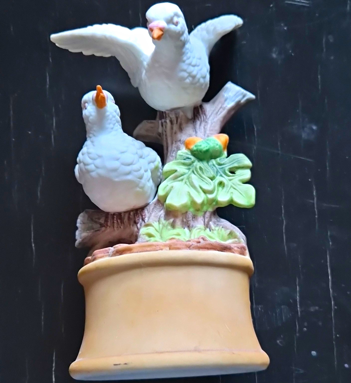 Ceramic Bird Figurine with Two White Doves on Branch, Multicolor