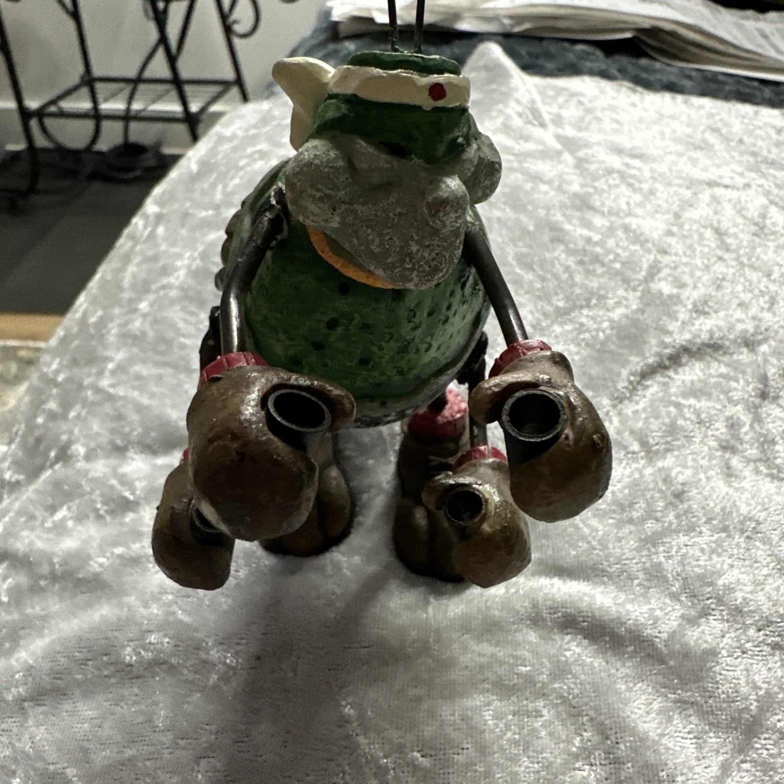 Metal & Ceramic Grasshopper Vintage Dressed As Boxer? 5.5@ Very Heavy Stands Wel