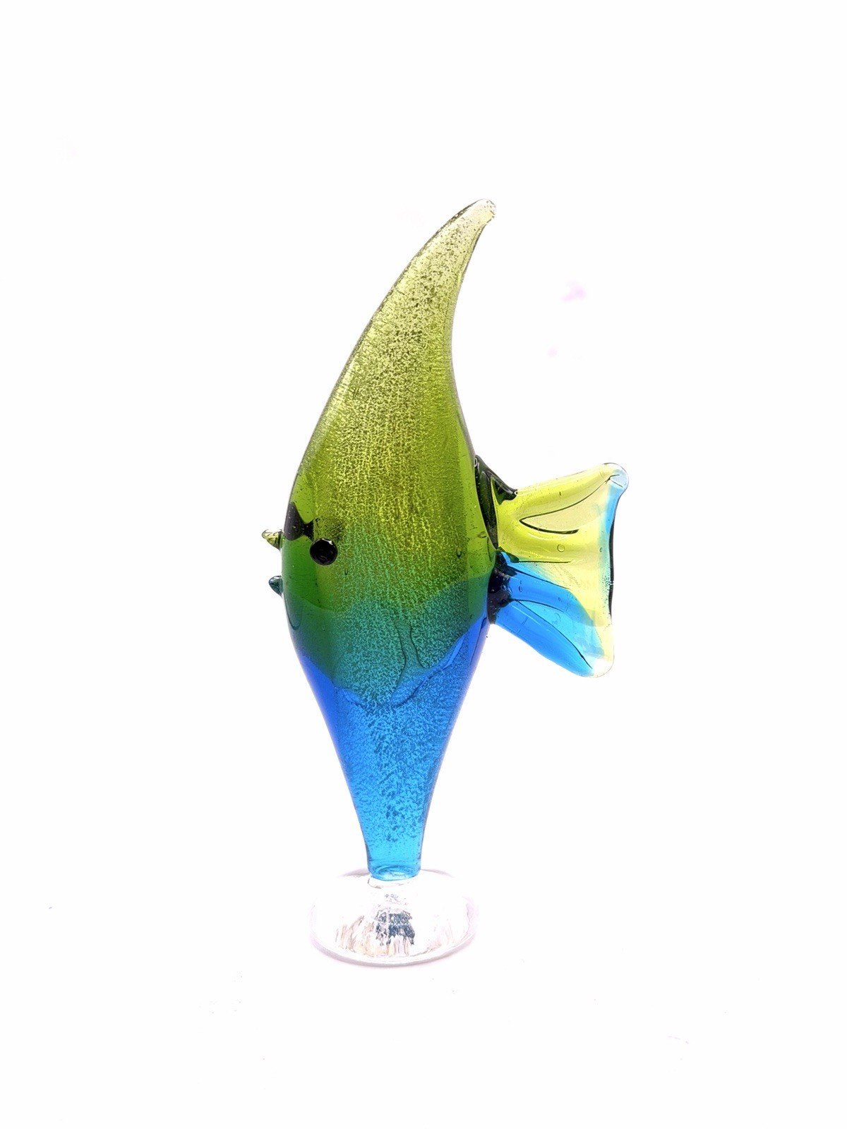 Hand Blown Studio Art Glass Blue Yellow Green Free Standing Fish Figurine 3.75”