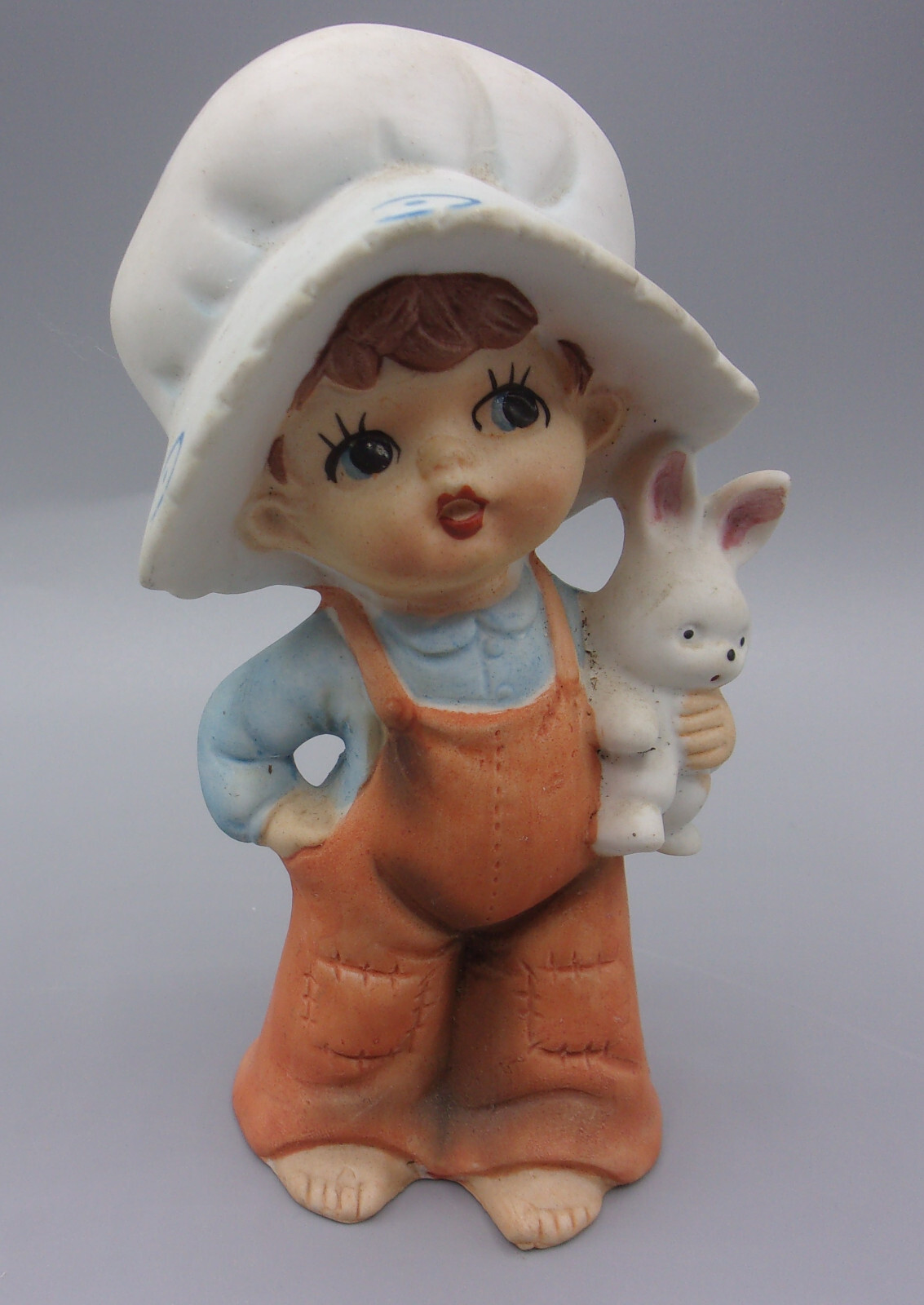 Vintage Norleans Porcelain Boy Girl Figurines W/ Hats & Overalls Bunnies Japan