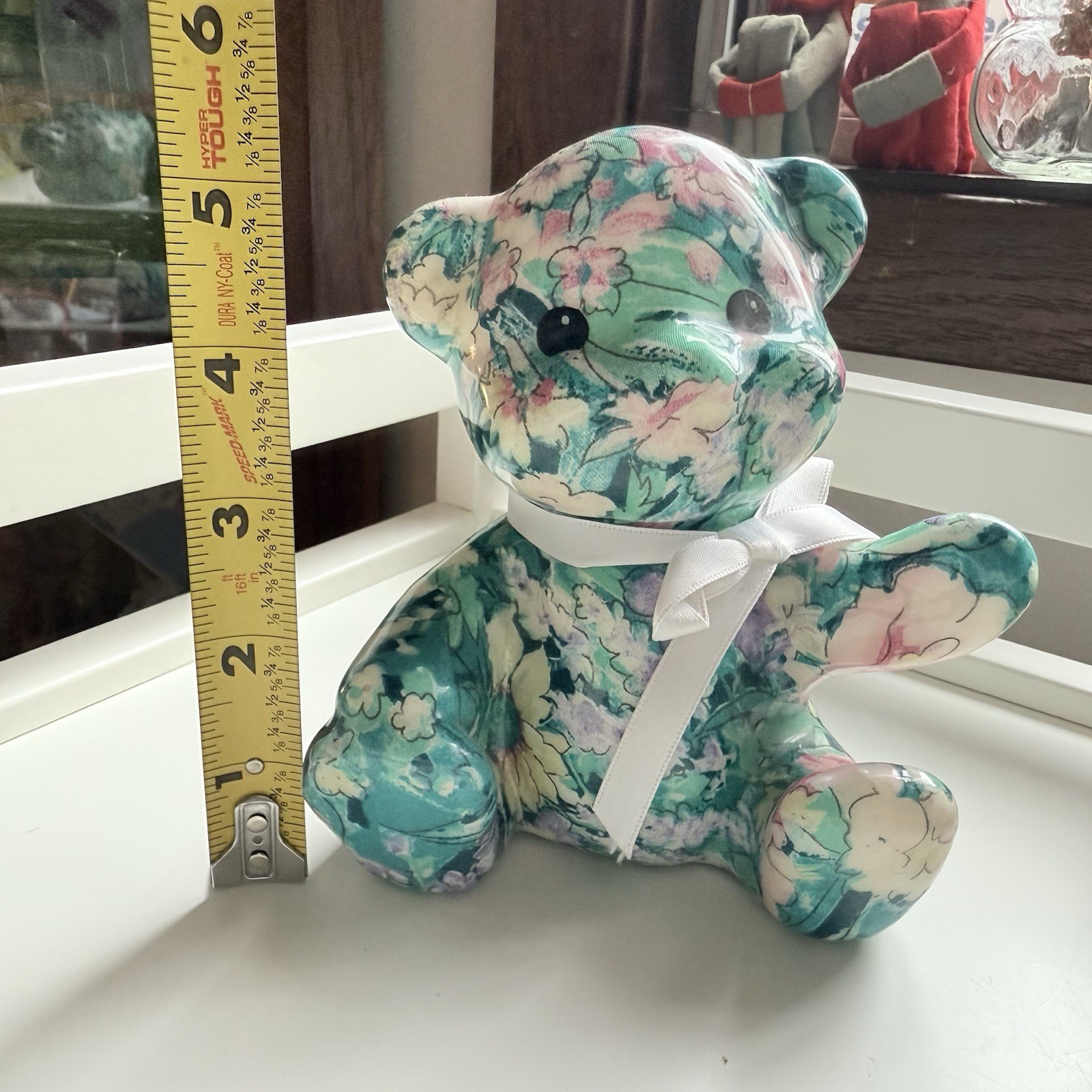 Joan Baker Designs Porcelain Patchworks Green Floral Teddy Bear Sculpture