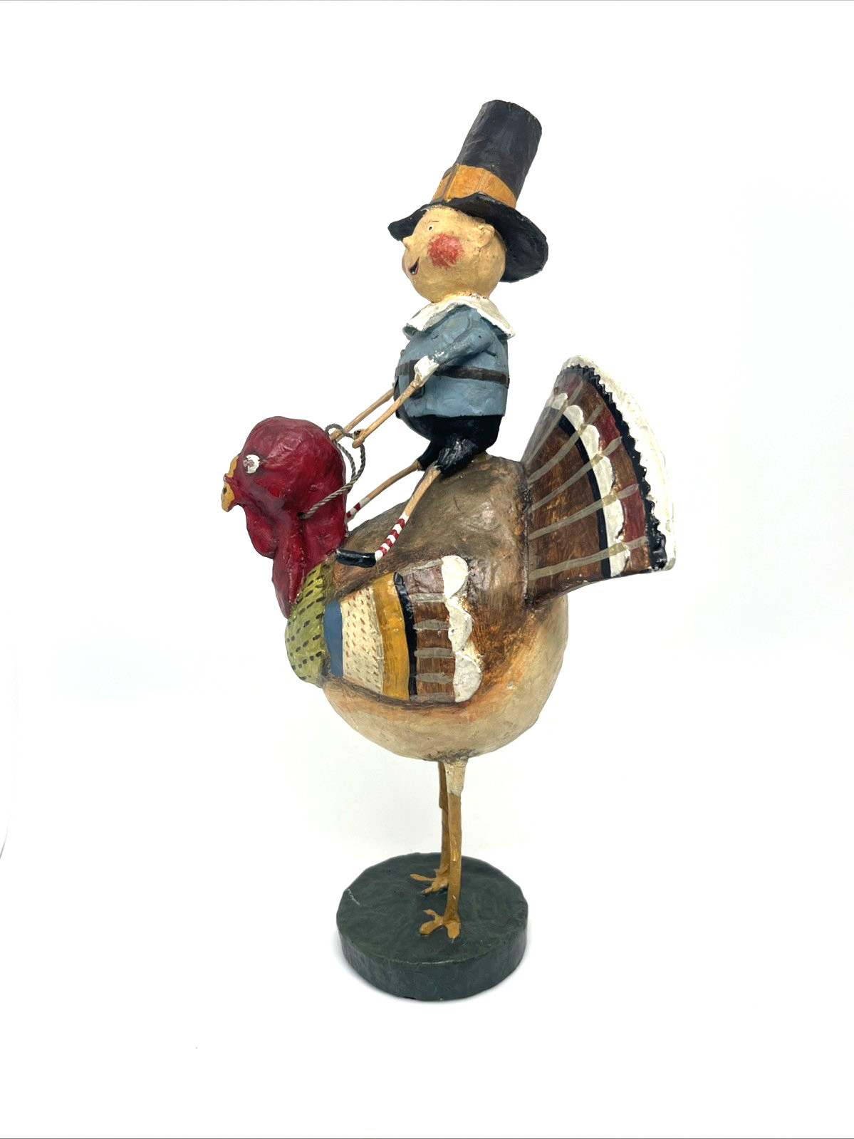 Lori Mitchell Folk Art Tom Riding a Gobbler Thanksgiving Pilgrim Figurine 10″