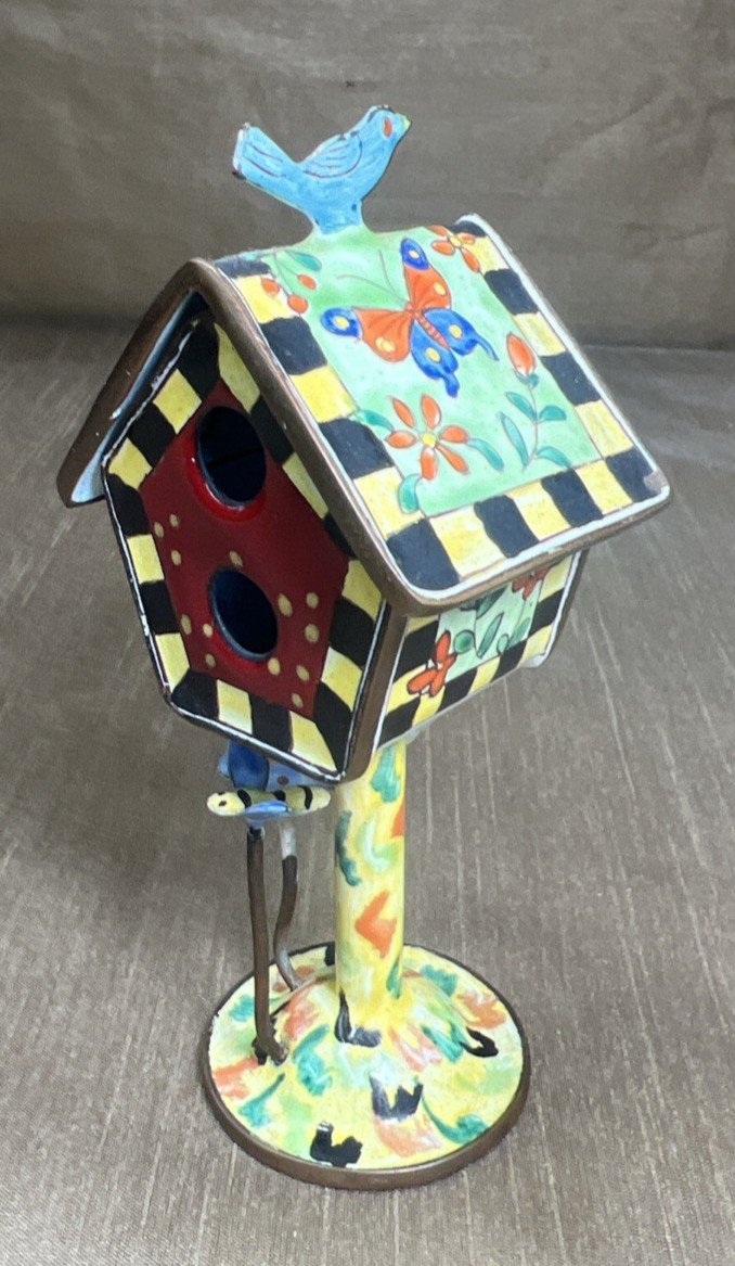 Vintage Kelvin Chen Handpainted Copper Enamel Bird House Trinket Box 1999