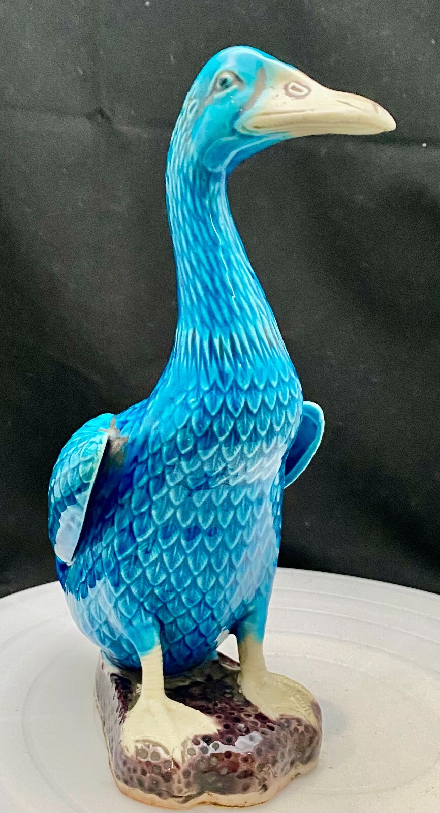VTG PORCELAIN TURQUOISE BLUE DUCK GOOSE GLAZED MEDIUM/BIG FIGURE 8.7″ c1900 vg