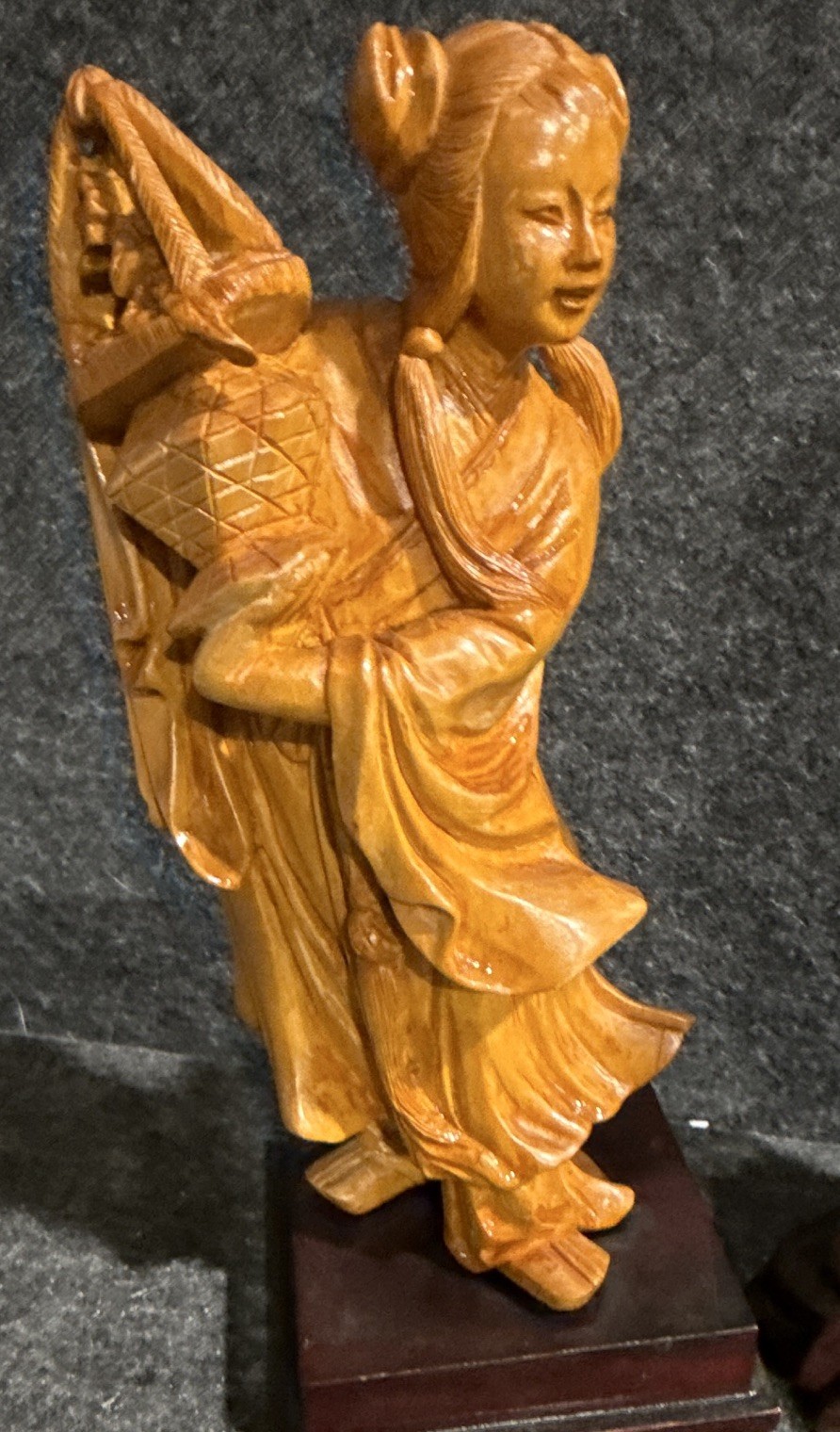 Vintage Hand Carved Boxwood Asian Figures Scholar Child & Woman Statue Pair