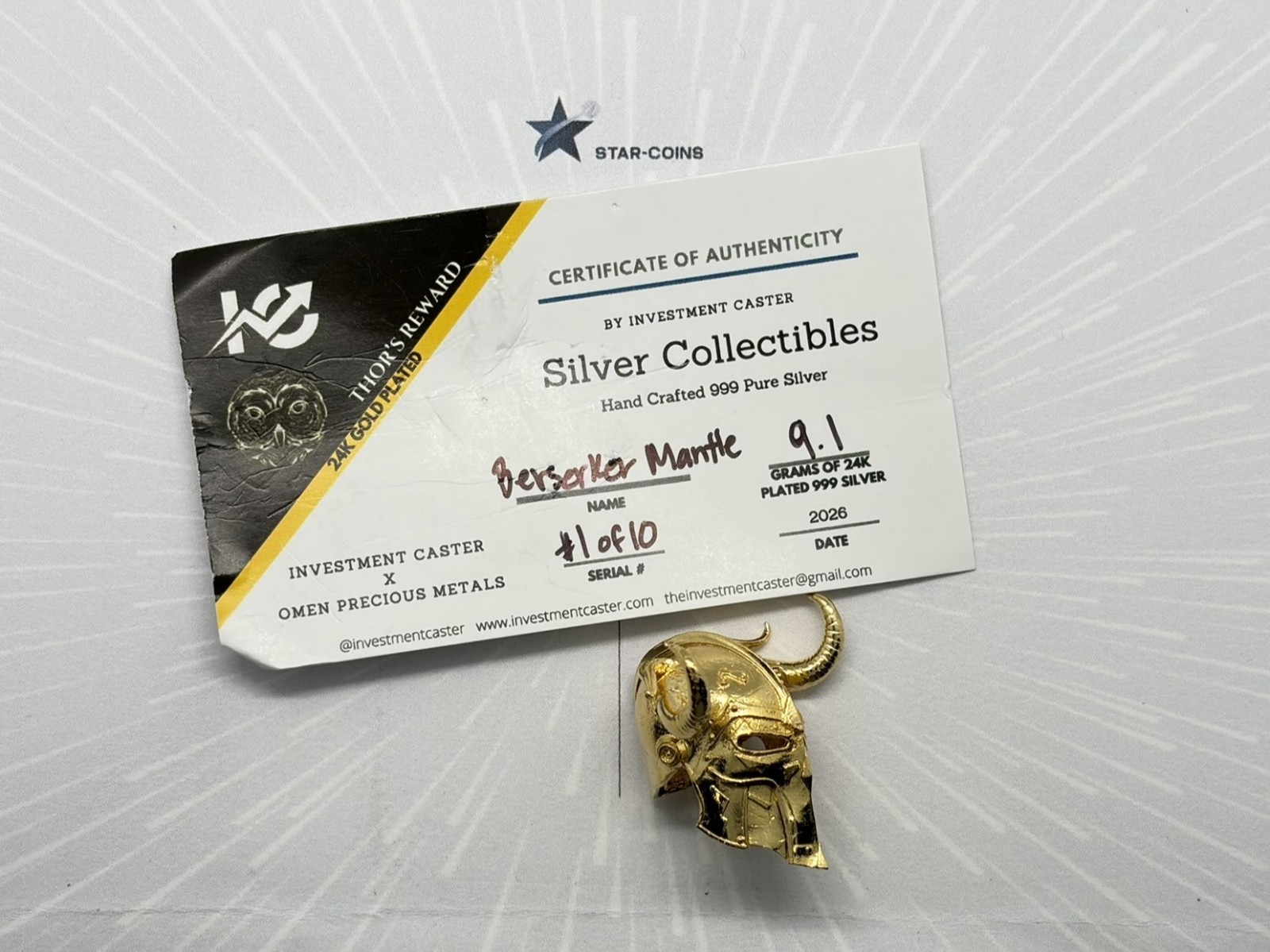 #1 of 10 2026 Investment Caster Berserker Mantle 24K Gold Plated .999 Silver
