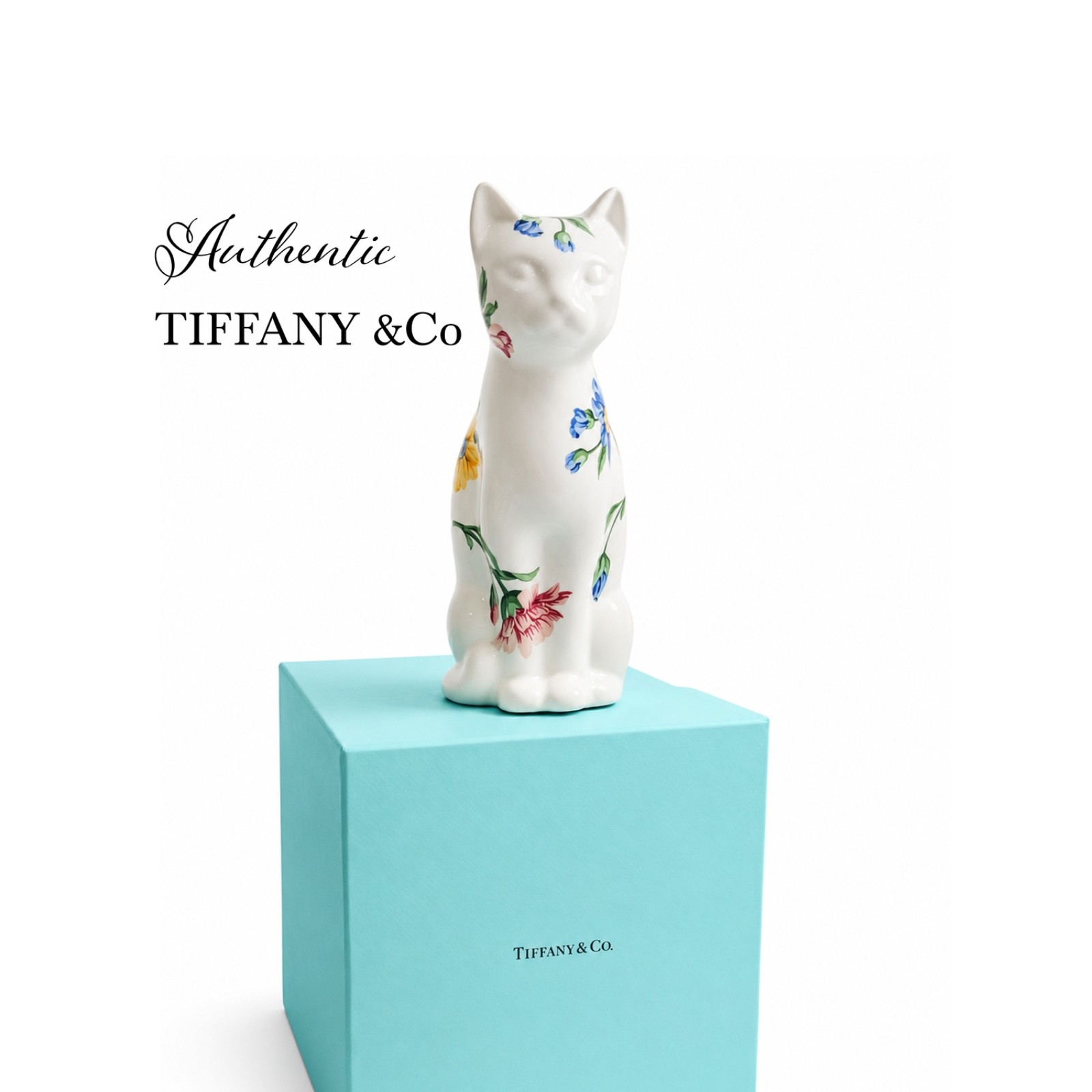 Tiffany Co 1996 Sintra Floral Cat Figurine Hand Painted Porcelain Portugal MIB