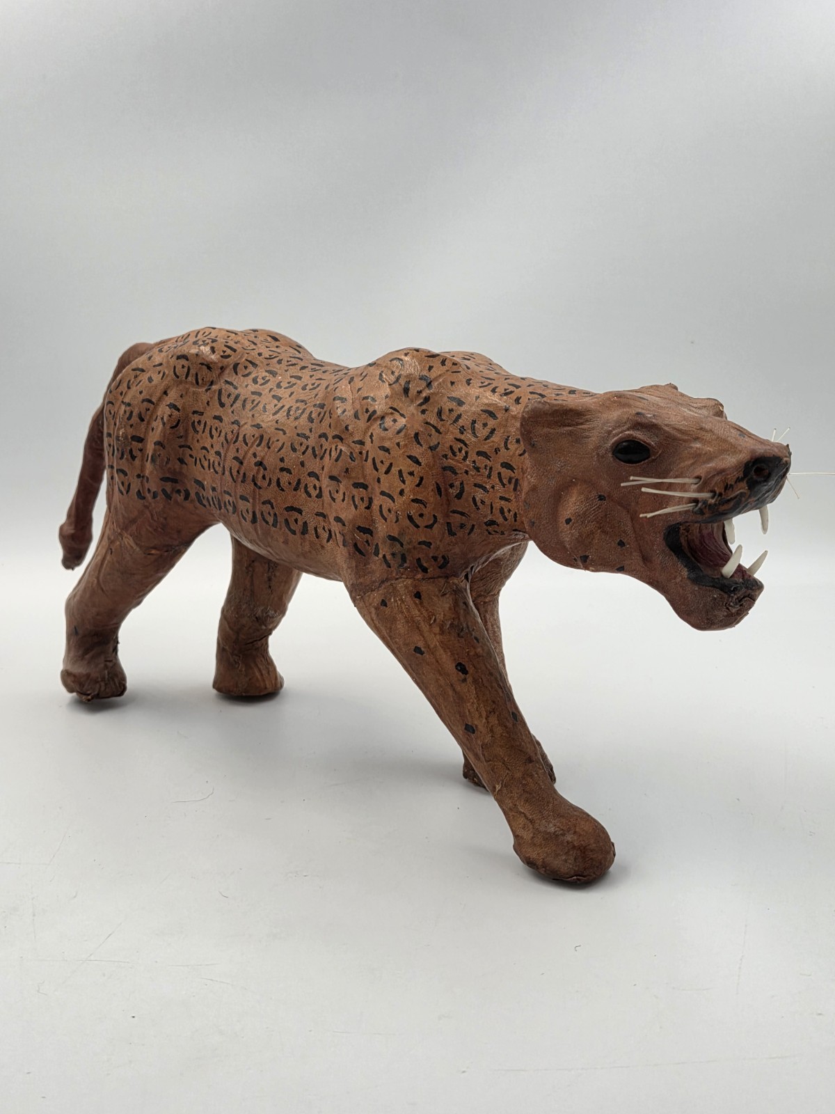 Vintage Leather Wrapped Leopard Cheetah Spotted Cat Sculpture Figure 13 X 6