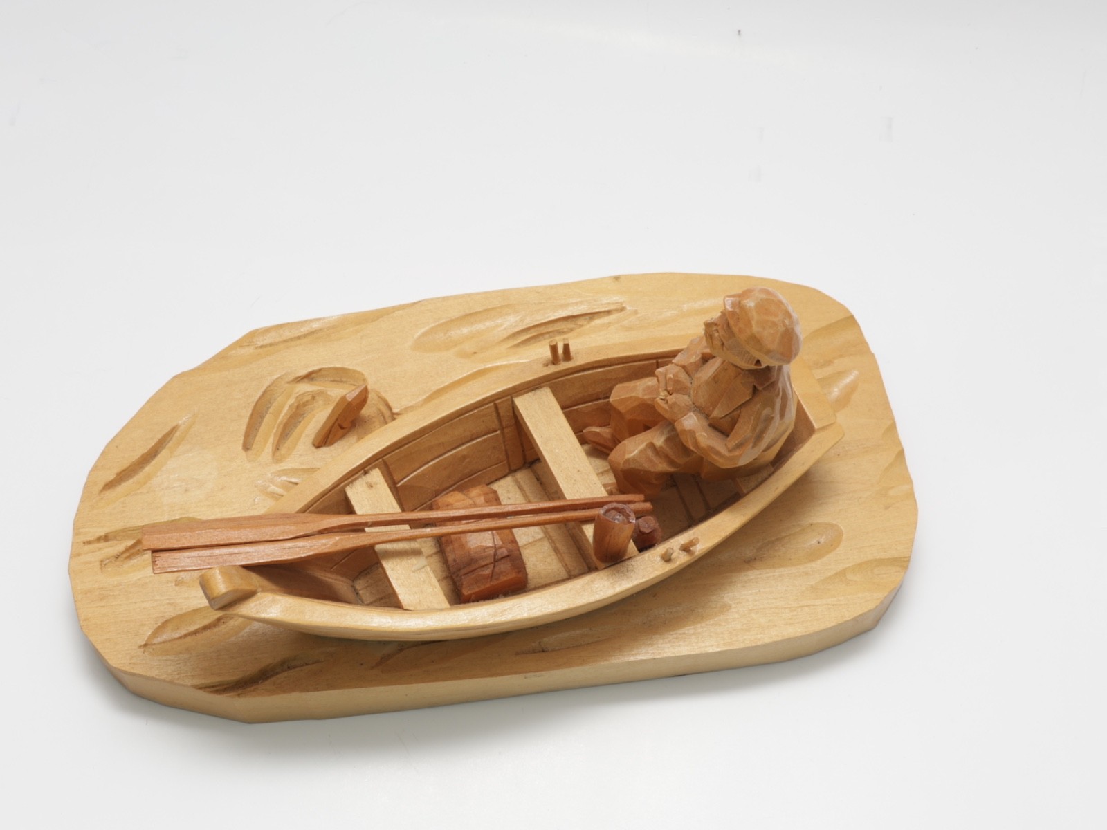 Vintage Signed Hand carved Boat Fisherman AS-IS