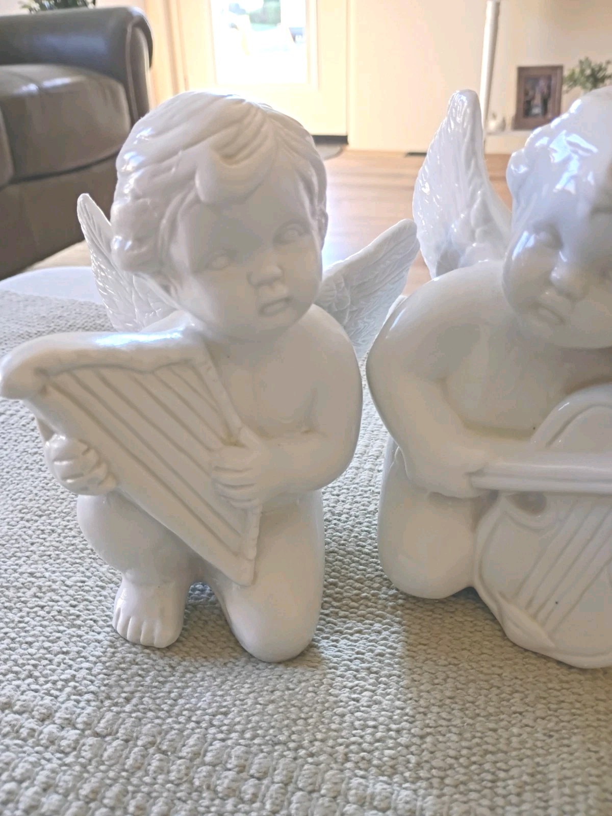Kneeling Angel Cherub Porcelain Pair Instrumental Figurines White Glossy