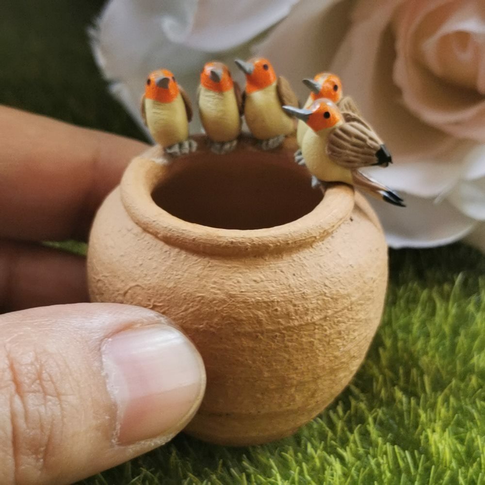 Miniature Dollhouse 5 Brown Orange Robin Bird Clay Figurines Fairy Garden Decor