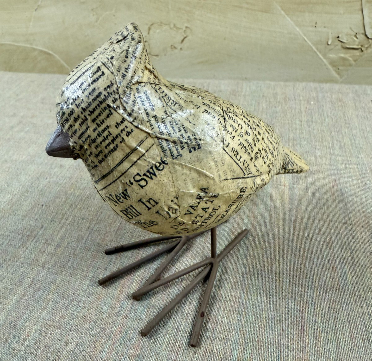 Vintage Decoupage Bird Figurine Newspaper Print Metal Wire Legs Rustic Decor