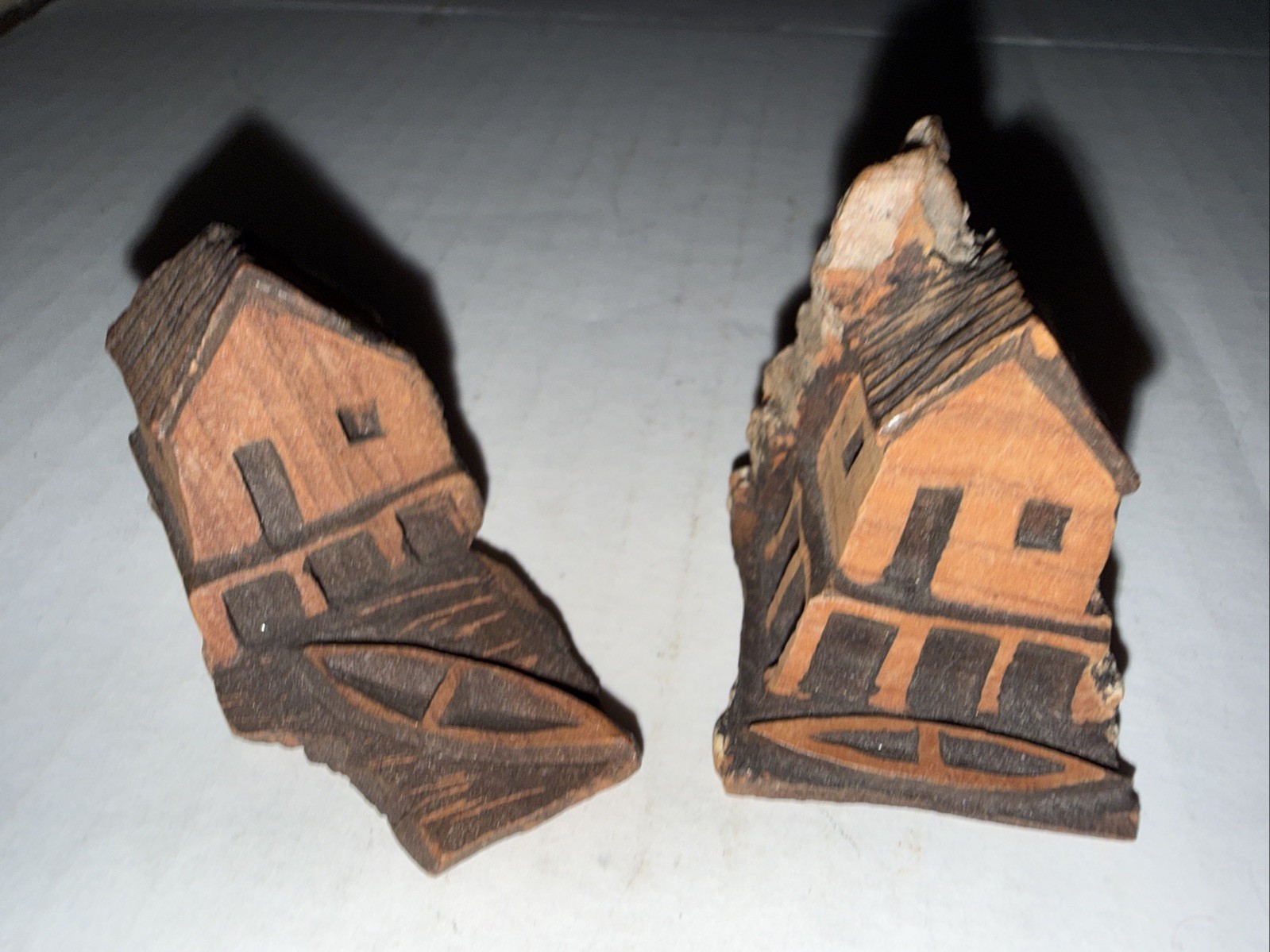 Pair Of Manaus Amazonas Carved Wood Bark Brazil Folk Art Buildings Free Shipping