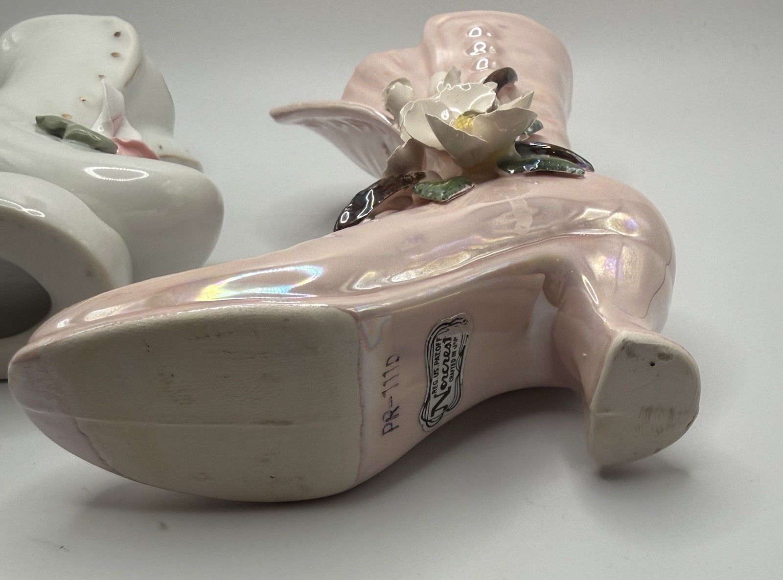 Vintage Porcelain Victorian Style Shoe Figurines W Attached Flowers Set Of 2