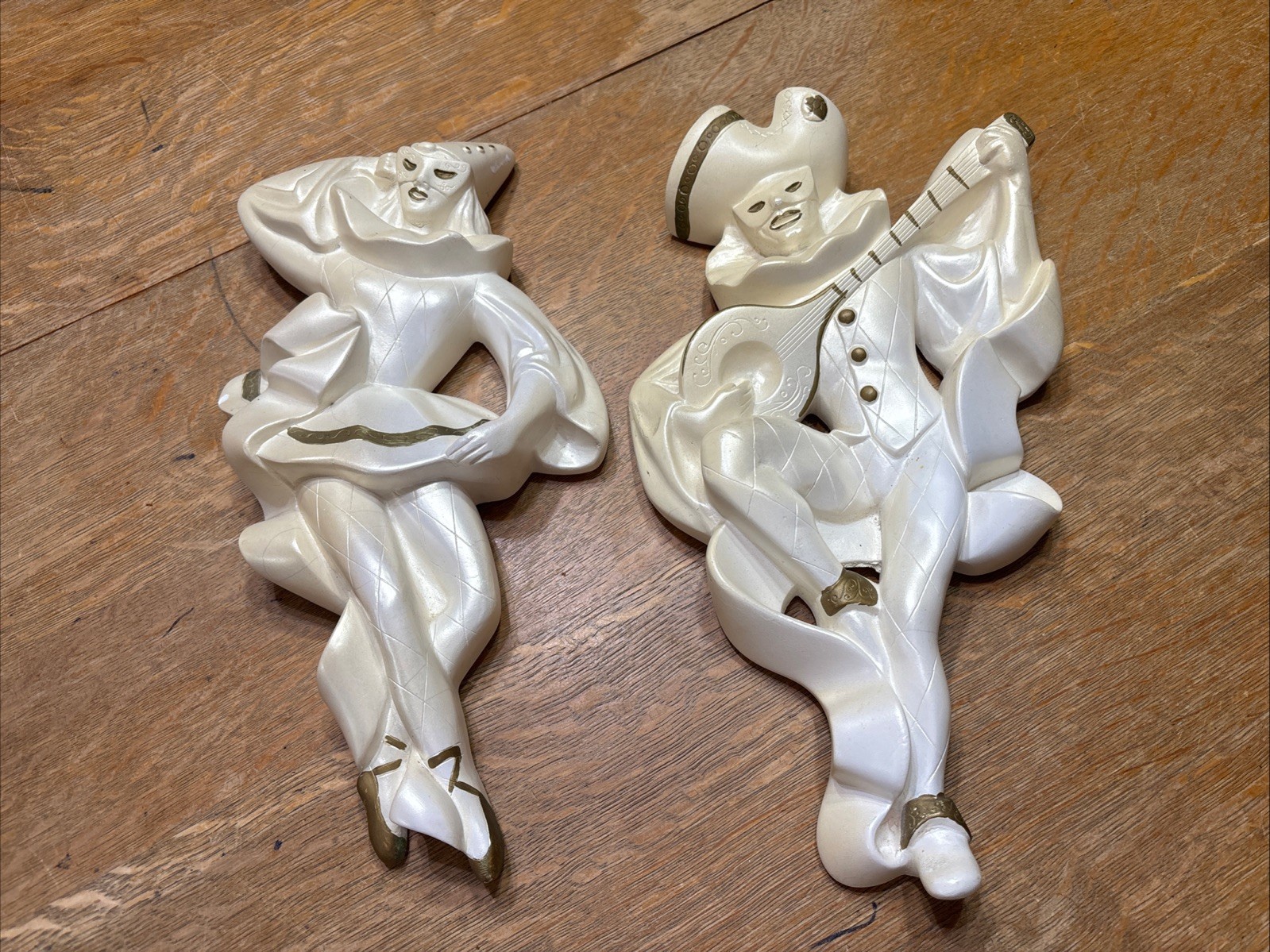 Vintage Chalkware Miller Studios Wall Plaques Masked Dancers Harlequins 1960