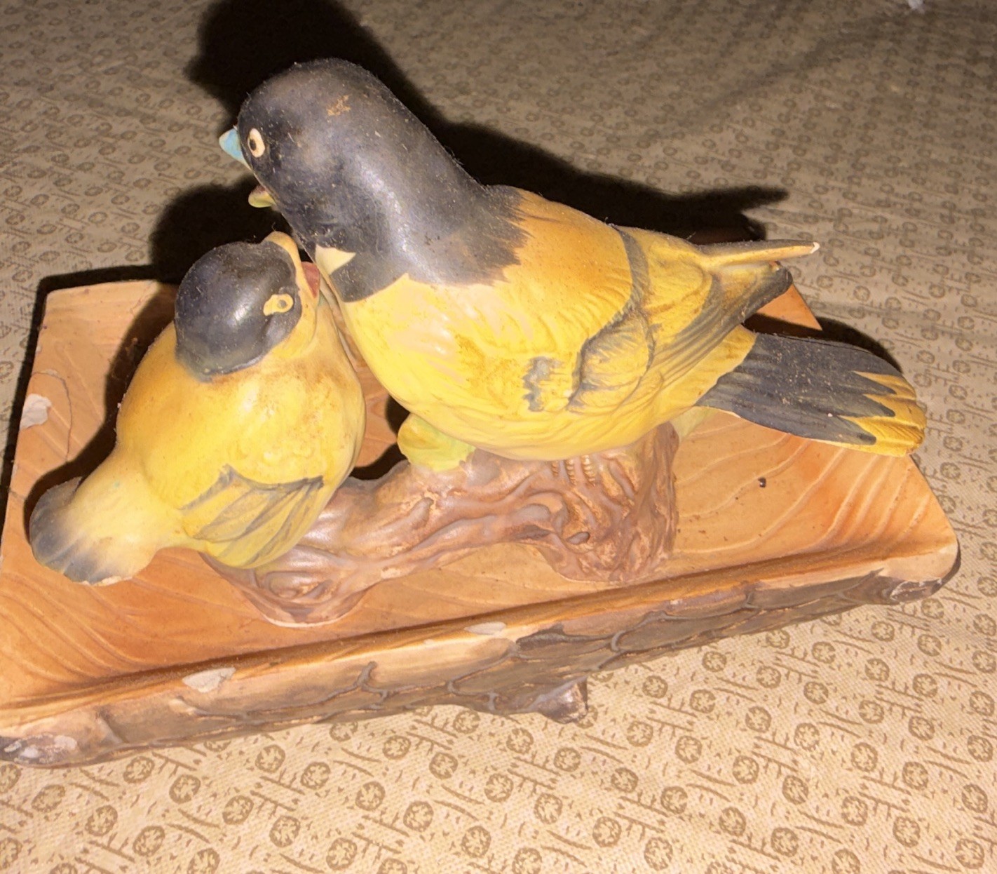 Painted Ceramic Bird Figurine, Yellow Black Animal Print Decor