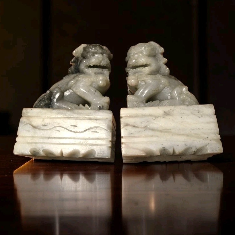 Chinese Pair Of Gray Marble Carved Soapstone Foo Dogs Guardian Lion Bookends 4″