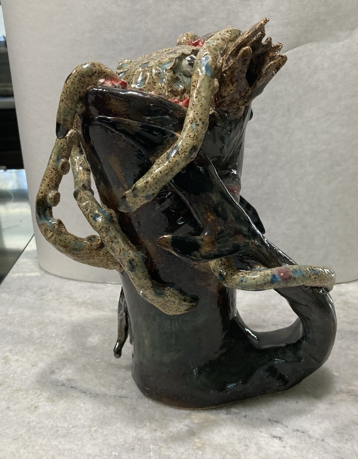 Surreal Southern Folk Art Face Jug Monster Shark Eating Octopus Pottery OOAK
