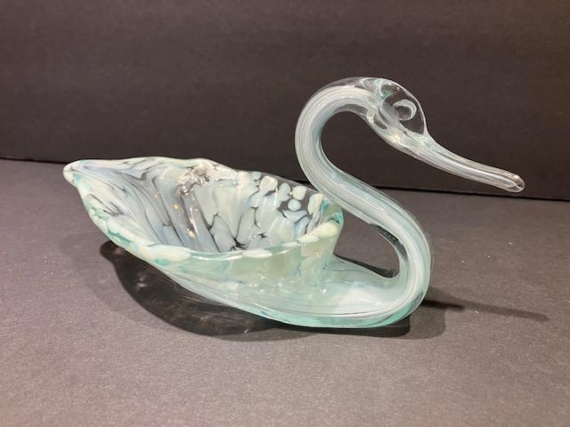 Vintage Art Glass Swan Trinket Dish Bowl Light Blue Swirl