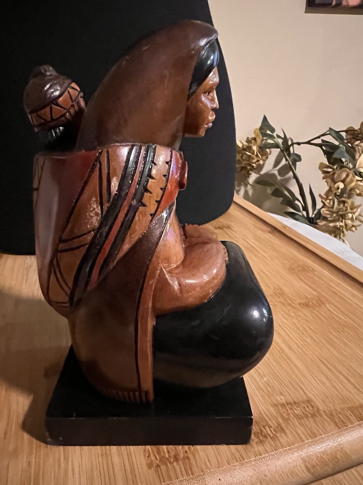 Vintage Hand-Carved Wooden Woman Figurine Traditional Stained Brown Black Red