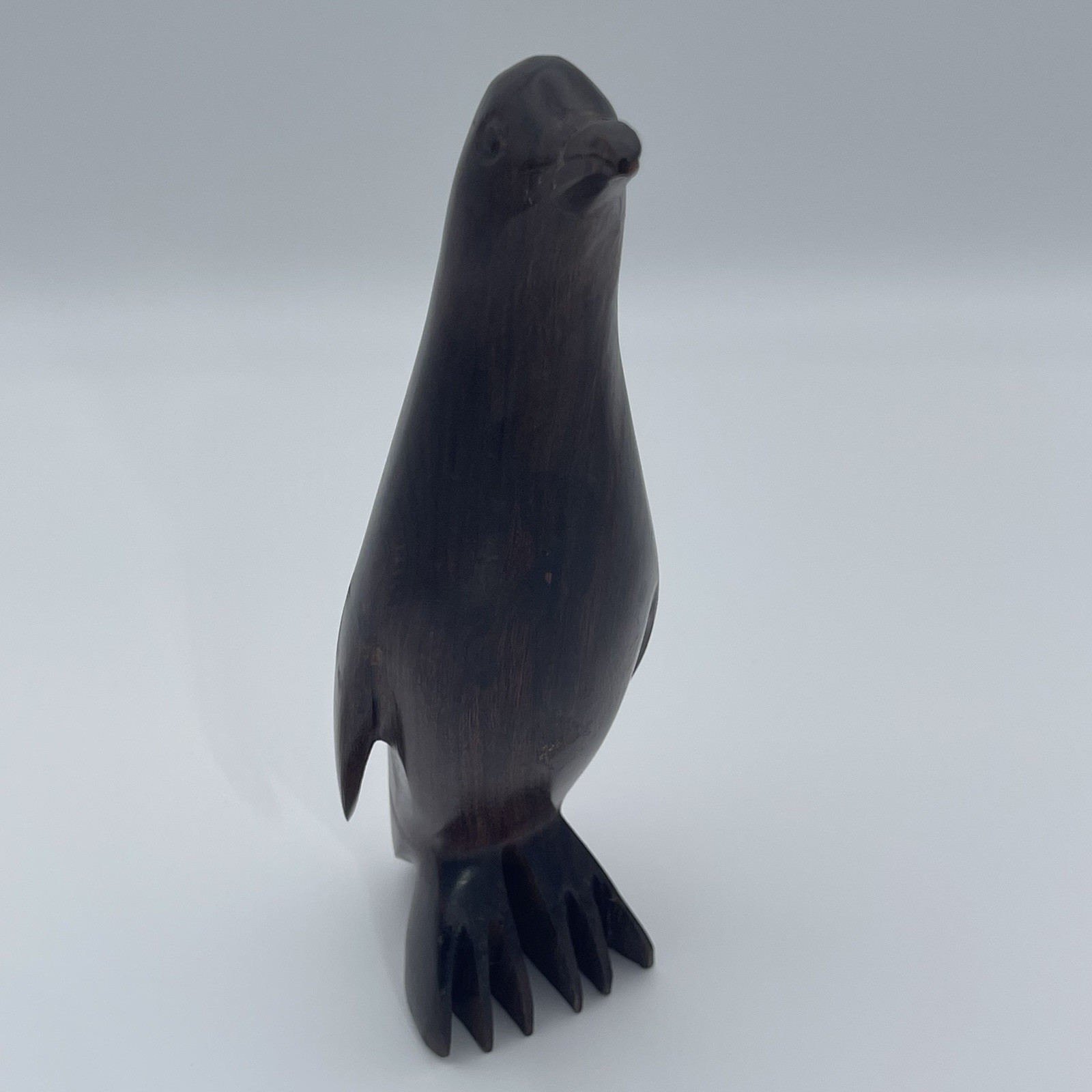 Hand-Carved Wooden Penguin Figurine Dark Wood Sculpture Rustic Decor