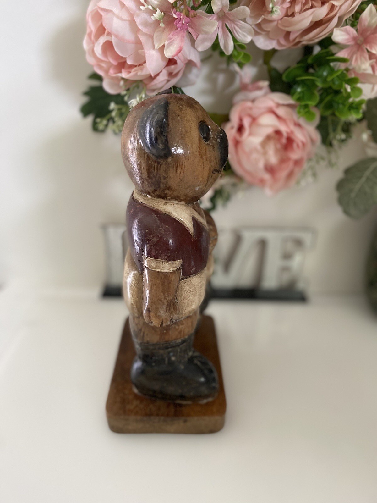 Wooden Bear Handmade Statue 10″ Soccer Teddy Bear Kids Room Vintage Figurine EUC