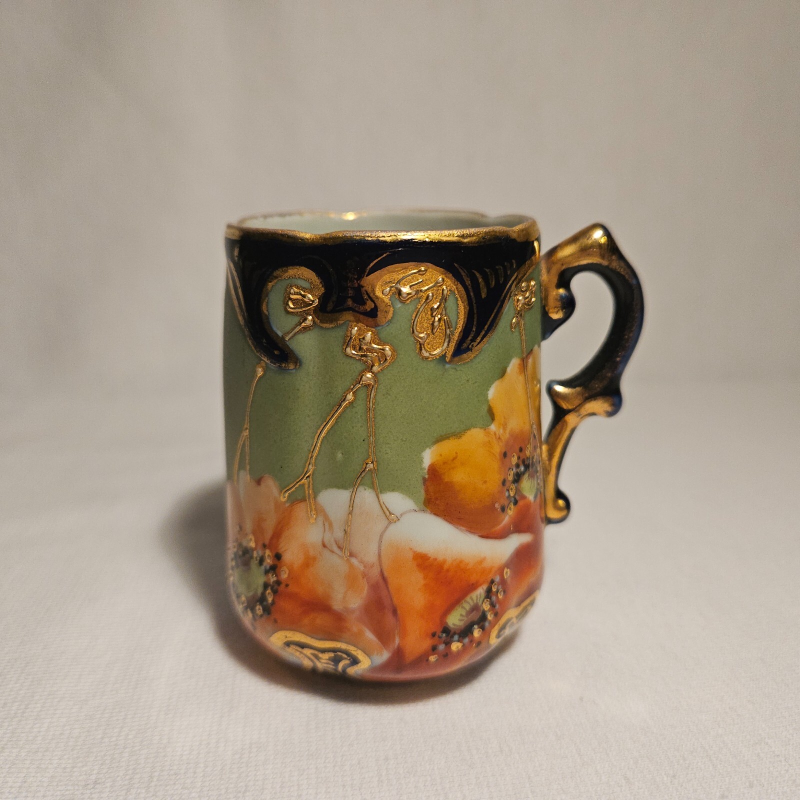 Antique Porcelain Red Poppy Demitasse Cup Hand Painted Gilded 4 oz Marked 3″Tall