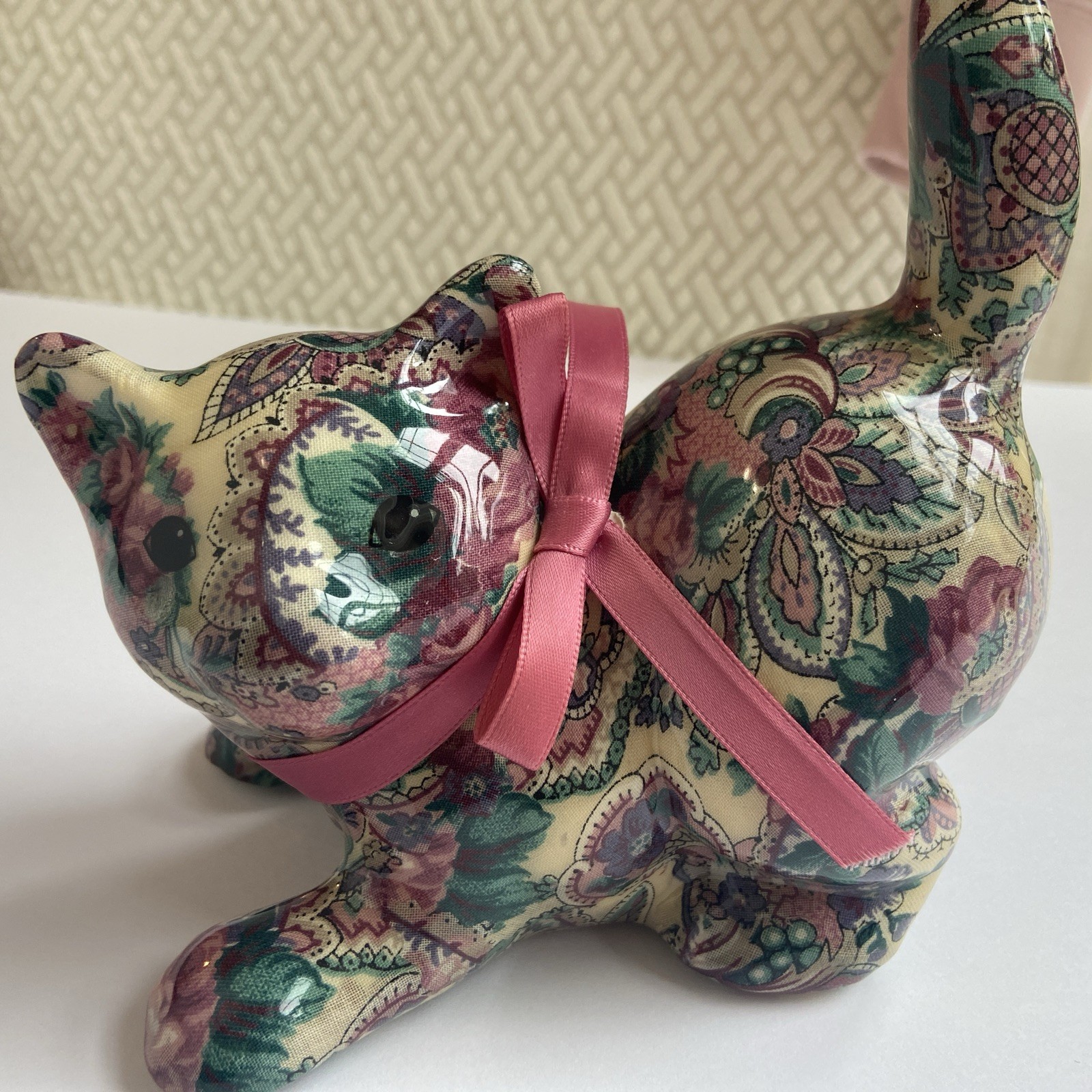Porcelain Patchworks Floral Pink Spring Kitty Cat by Joan Baker Designs