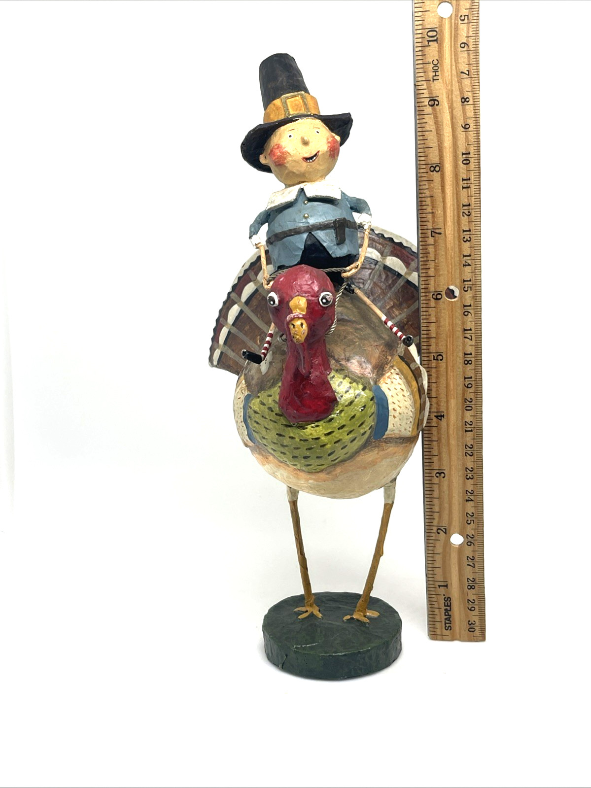 Lori Mitchell Folk Art Tom Riding a Gobbler Thanksgiving Pilgrim Figurine 10″