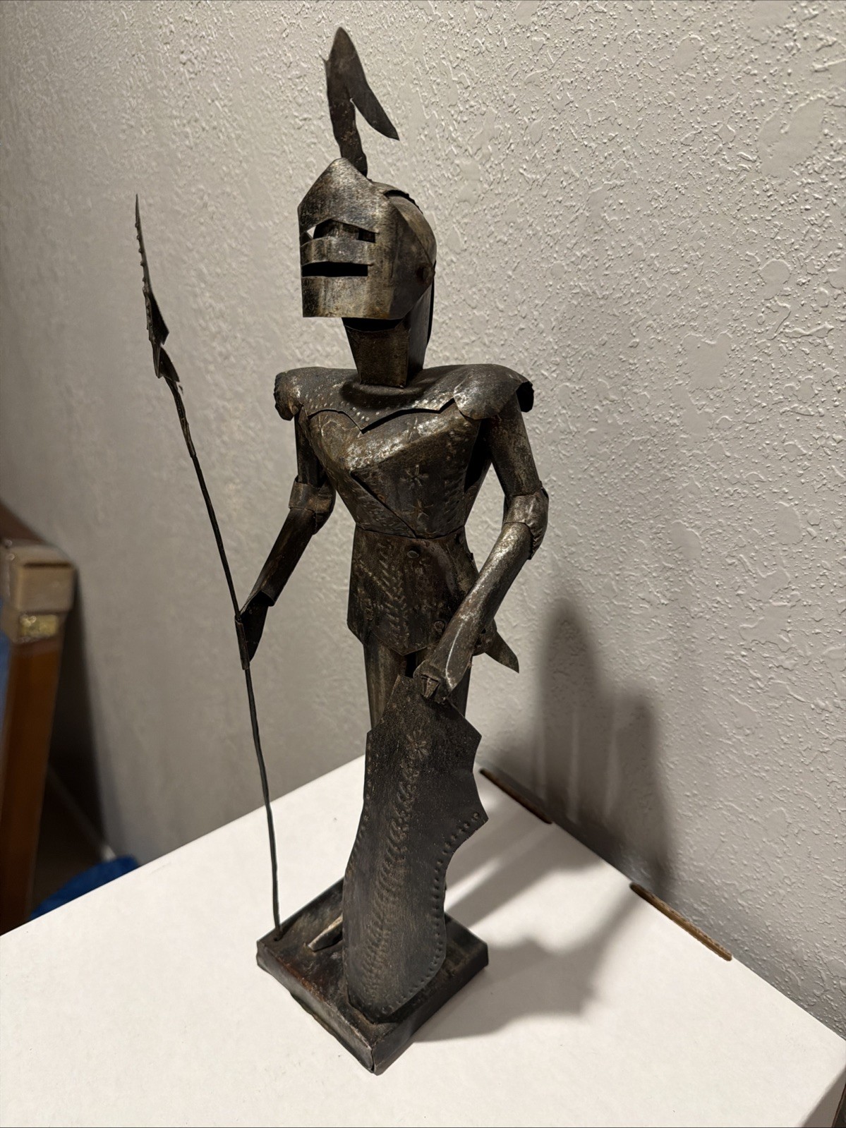 Vintage Knight in Armor Statue Medieval Silver Tin Figurine 15” Made In Mexico