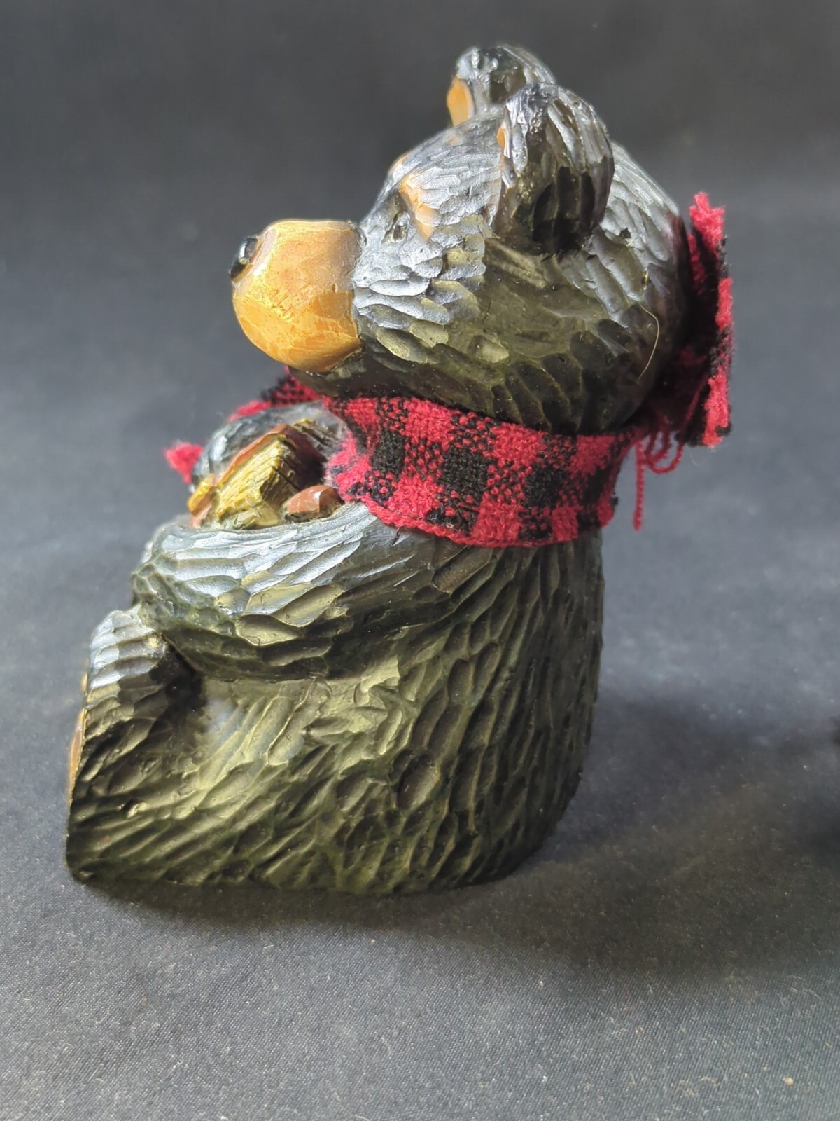Set 3 Young’s Bears Black Red Plaid Scarf Resin Carved Look Cabin Decor Figure