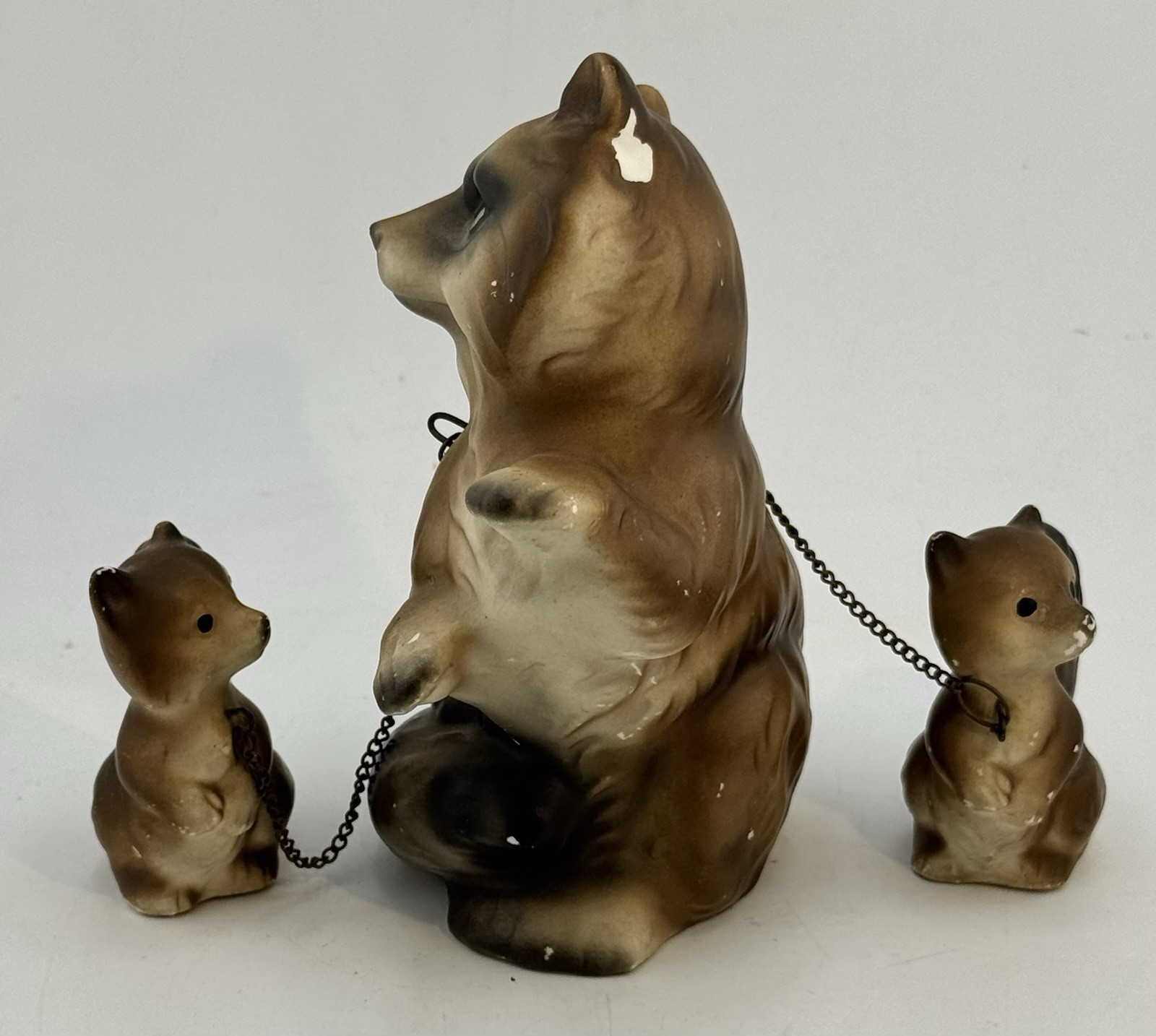 Vintage Japan Chained Raccoon Family Mother Babies Woodland Forest READ