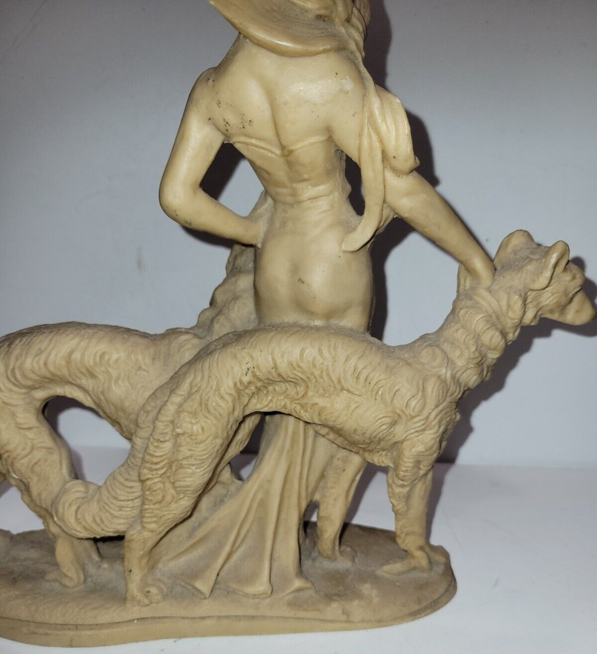 11.25″ Art Deco Resin Statue Lady in a Hat w/2 Wolfhound Borzoi Dogs 1920s Style