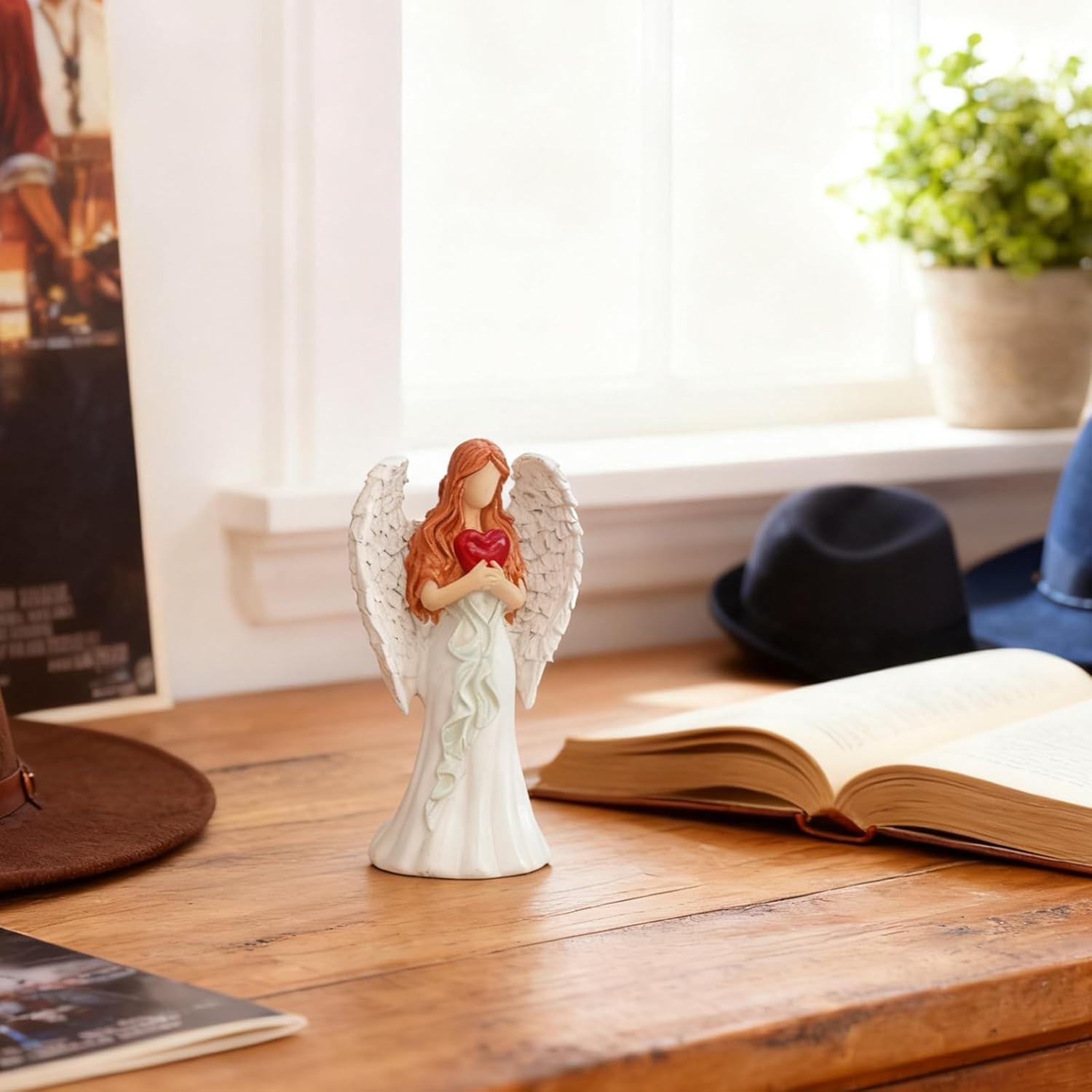 Resin Angel Figurines Holding Heart, Praying Guardian Angel Statue for Home Deco