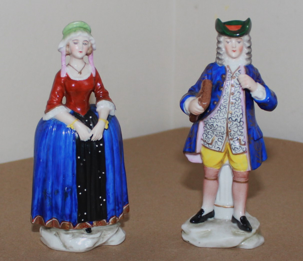 2 Antique Samson Porcelain Figurines Man Woman Couple Gold Anchor Mark Blue 5″