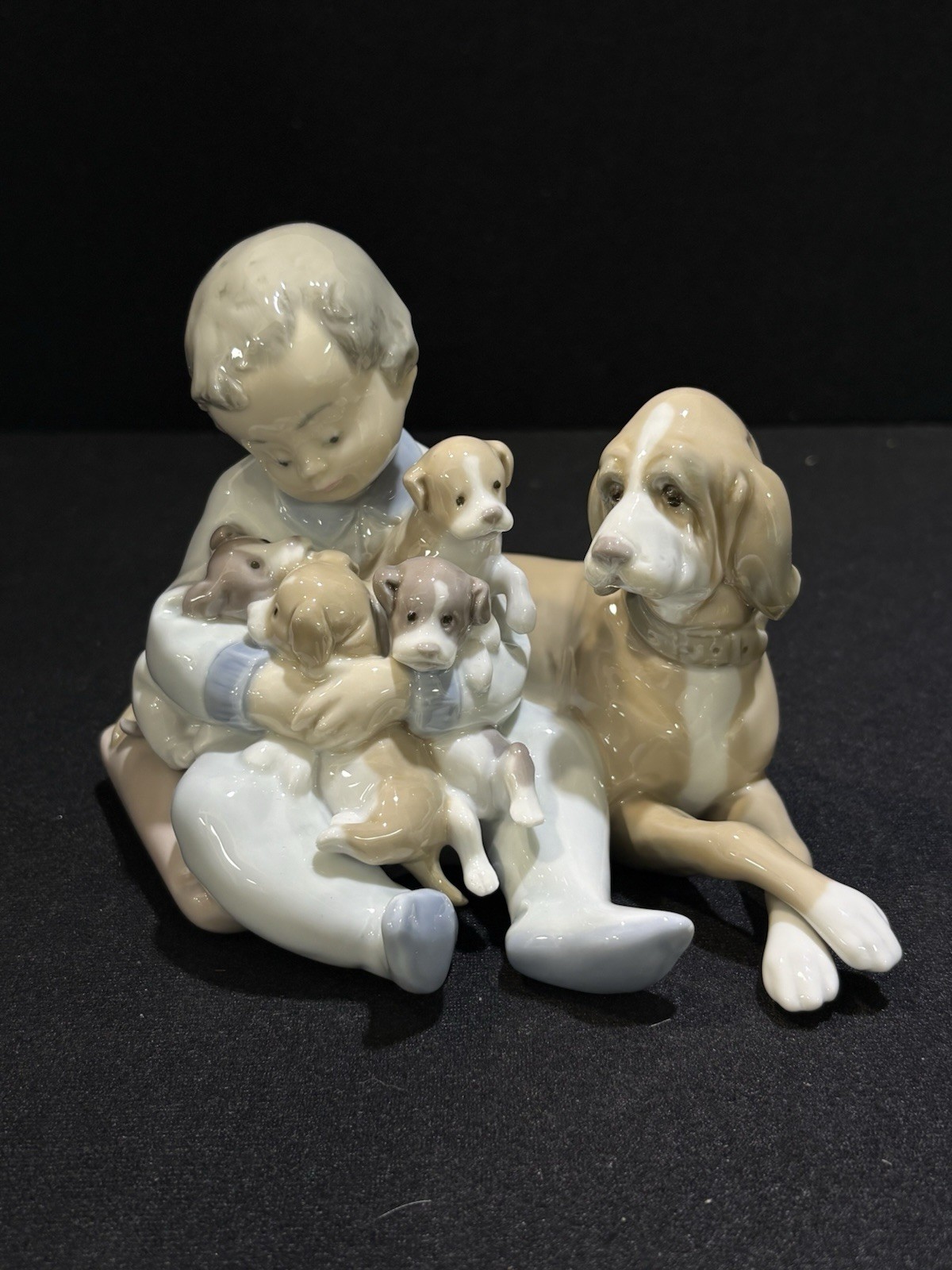 Lladro 5456 New Playmates Boy with Puppies & Mother Dog Porcelain Figurine