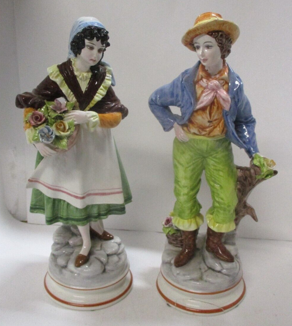 2 Ethan Allen Italy Figures Lady w/ Flowers, Man Leaning on Tree Stump