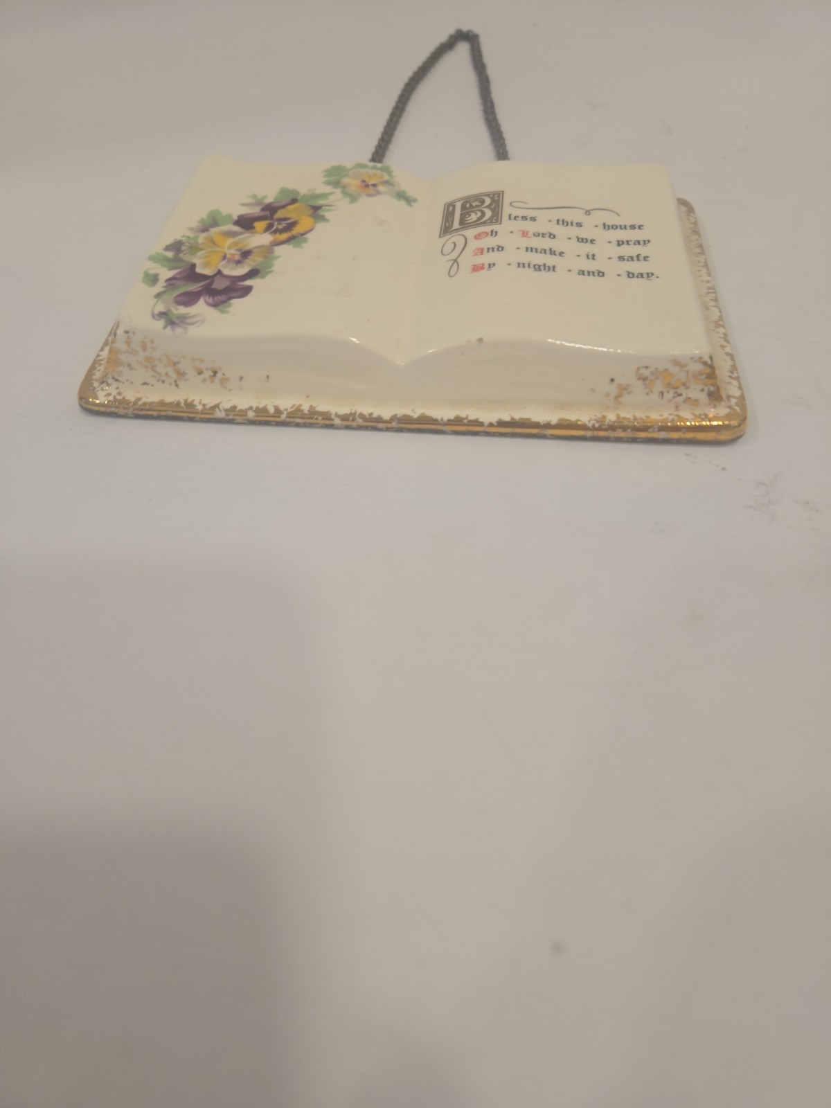 Vintage Ceramic Open Book BLESS THIS HOUSE Flowers Gold Trim Christian Religious