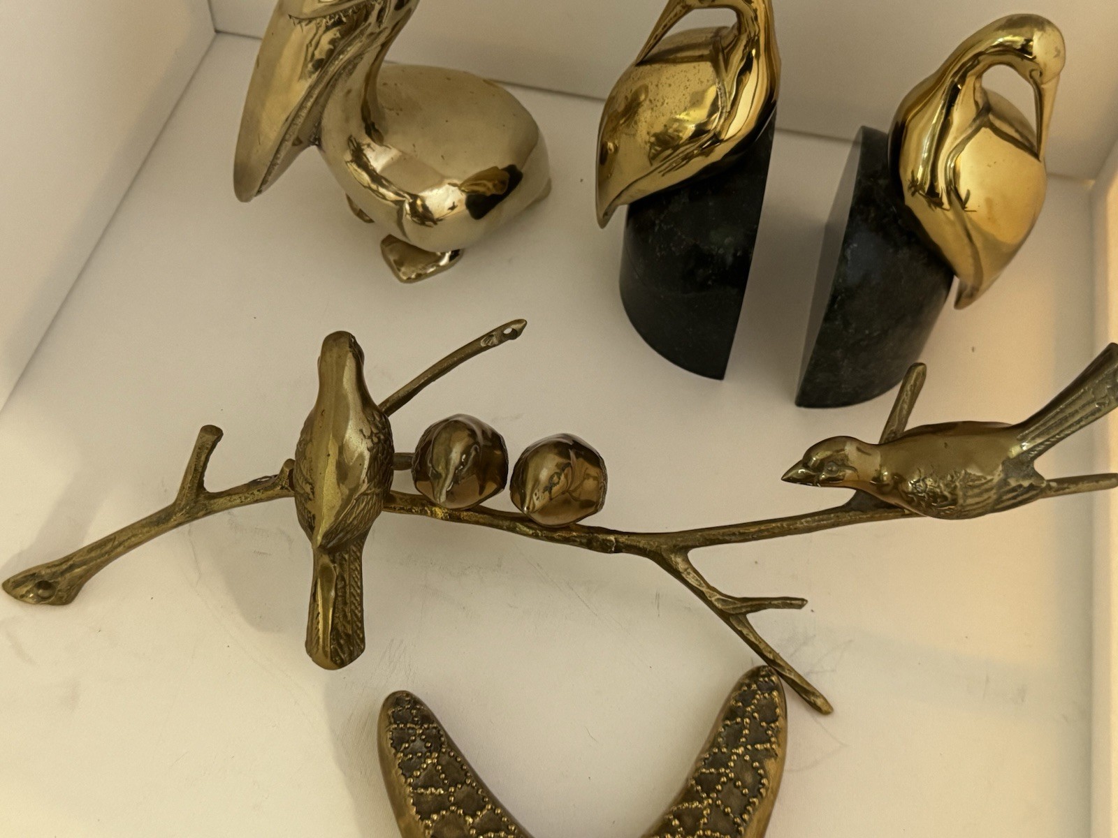 Vintage brass lot Bird Figurines w/ Starfish, brass/Stone 5-Piece lot￼