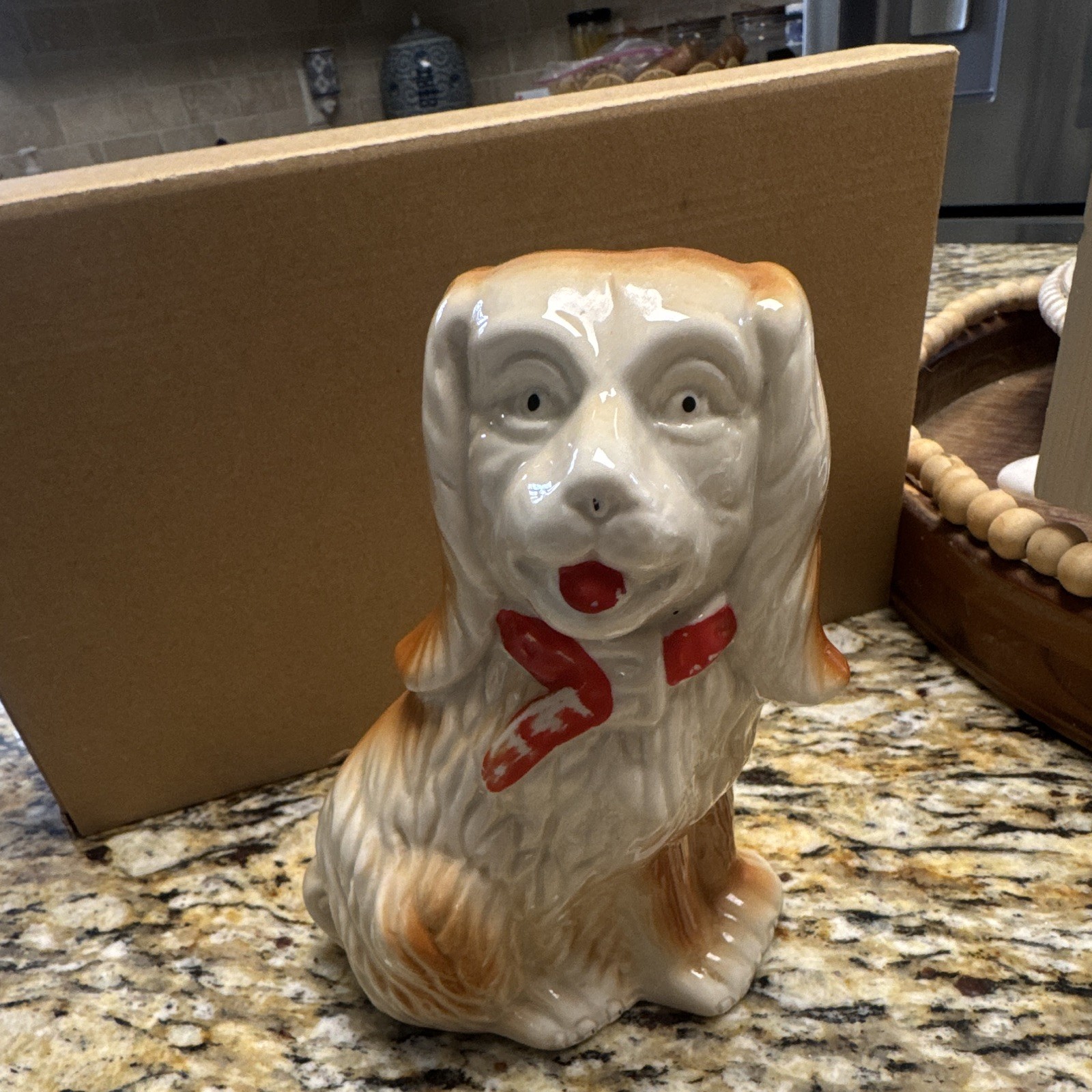 Ceramic Glazed Dog Figurine White Brown Red Ribbon Accent Animals Theme